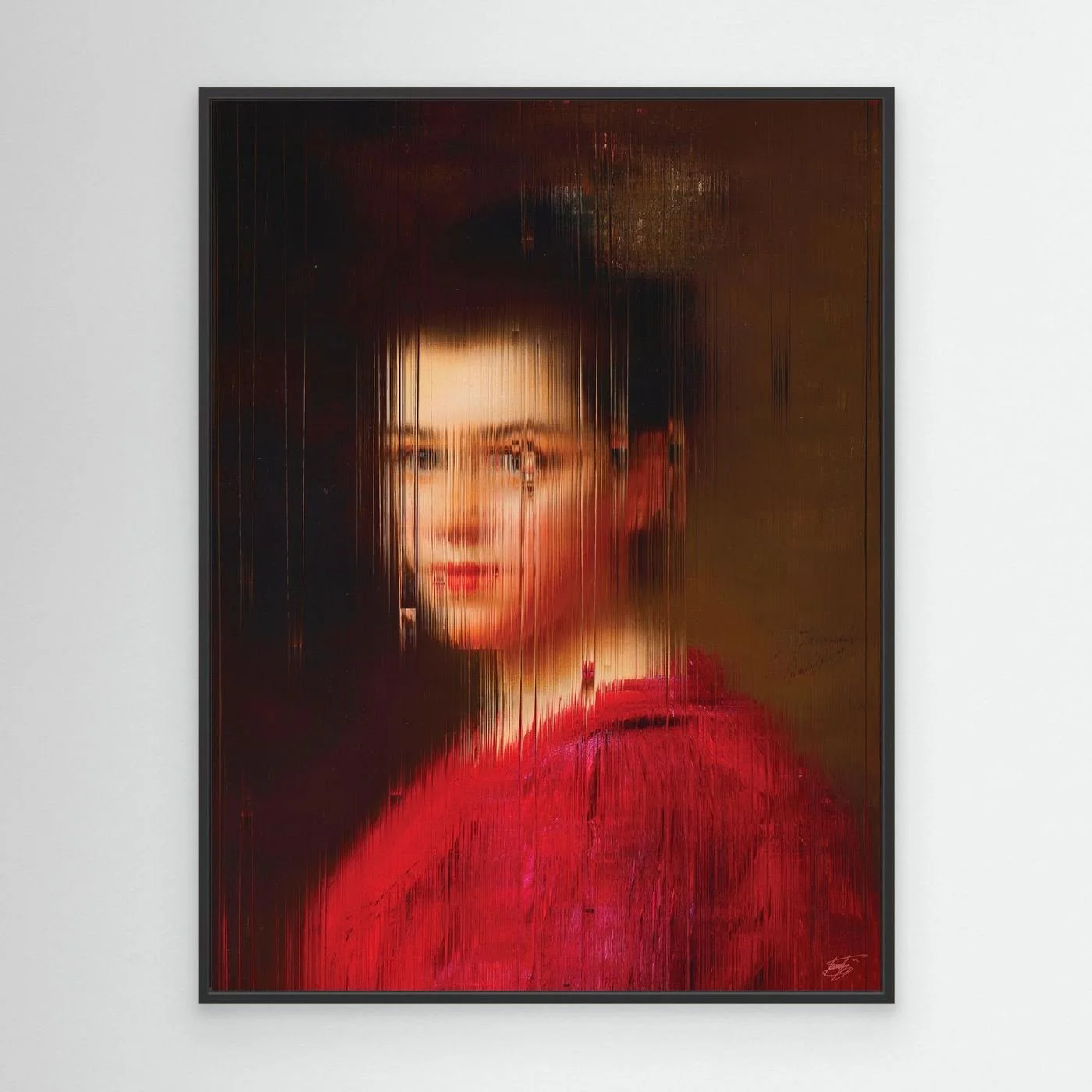 Contemporary fine art print of a classical portrait of a woman in a red dress, deconstructed through fine vertical digital glitch on dark background, framed and ready to hang. With black frame