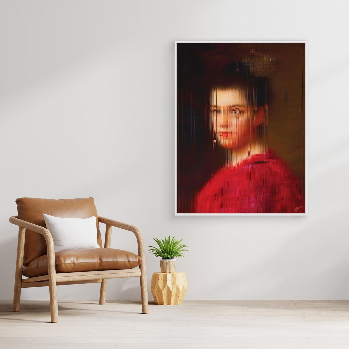 Contemporary fine art print of a classical portrait of a woman in a red dress, deconstructed through fine vertical digital glitch on dark background, framed and ready to hang. With chair