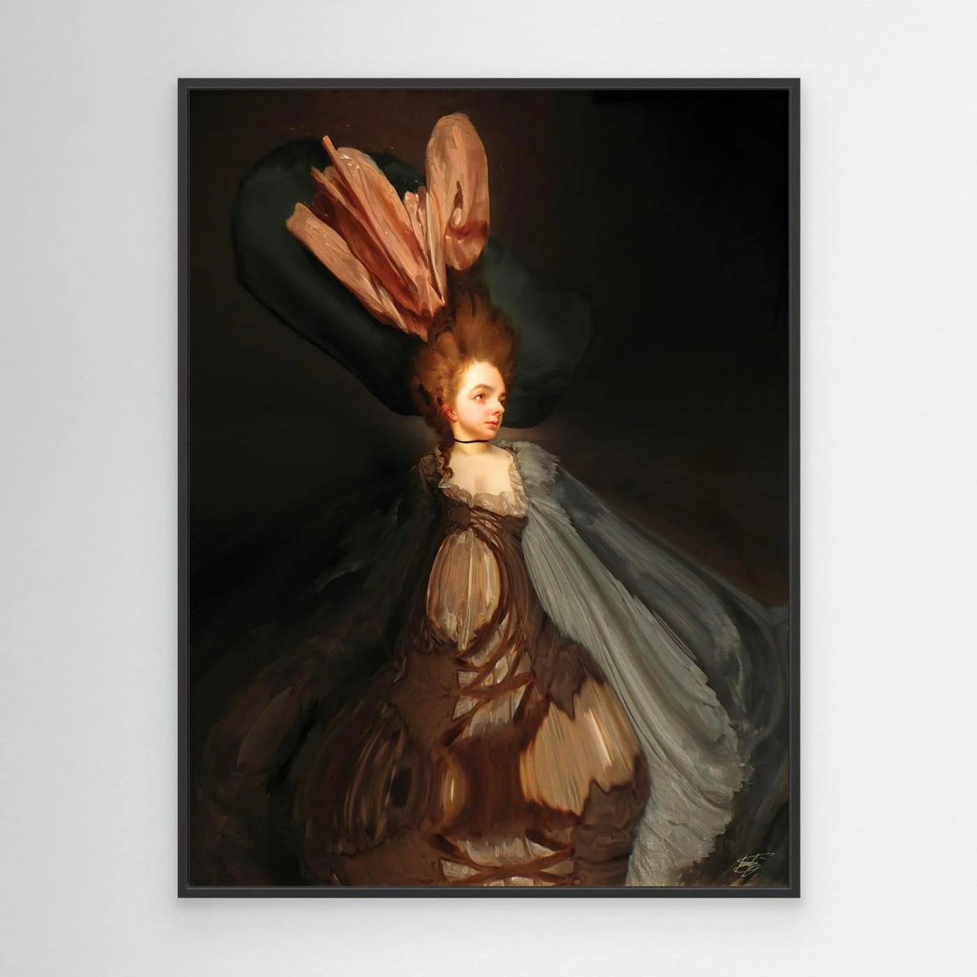 Contemporary fine art print of a surreal deconstruction of a classical lady portrait, featuring an exaggerated hat and a sweeping distorted gown, framed and ready to hang. With black frame