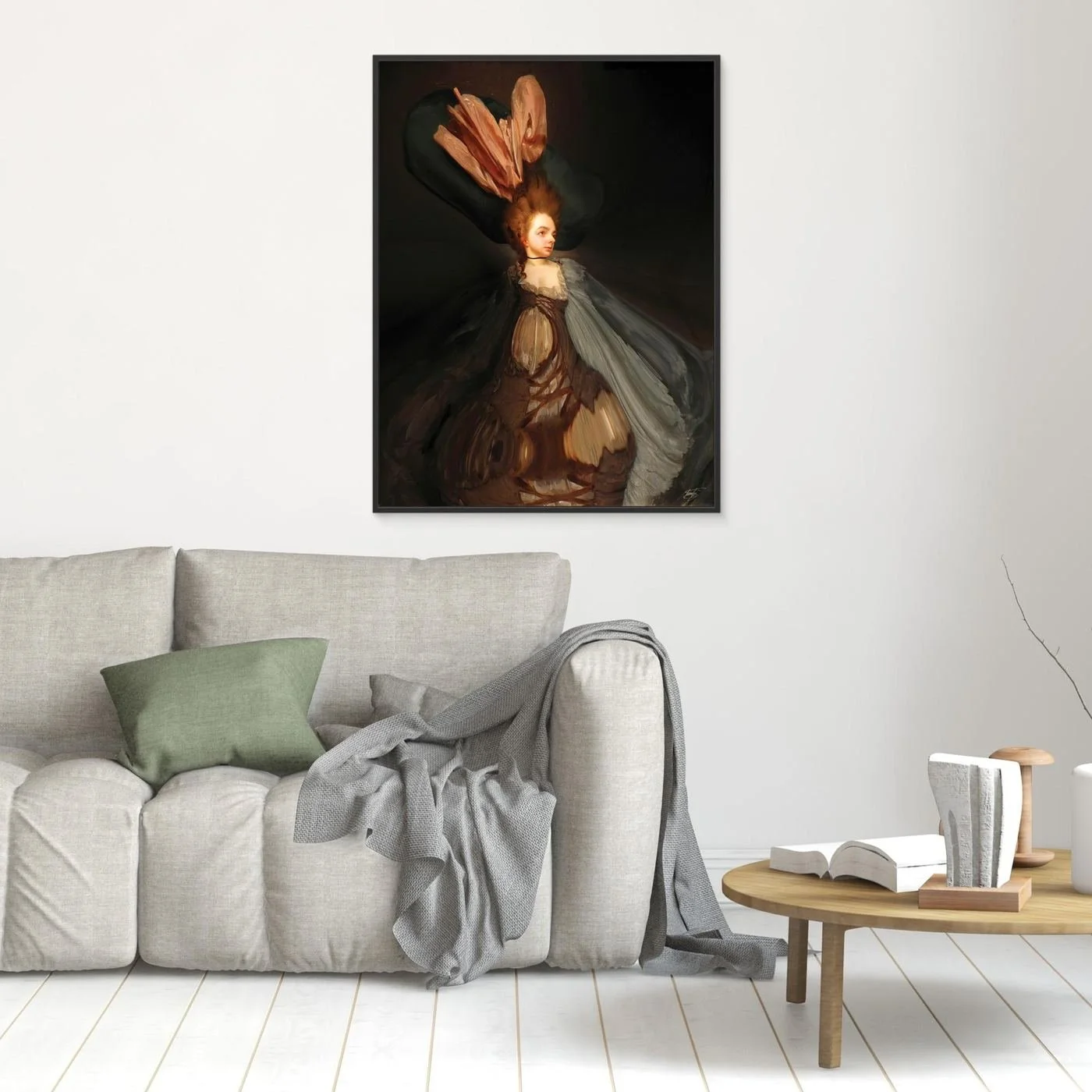 Contemporary fine art print of a surreal deconstruction of a classical lady portrait, featuring an exaggerated hat and a sweeping distorted gown, framed and ready to hang. In living room