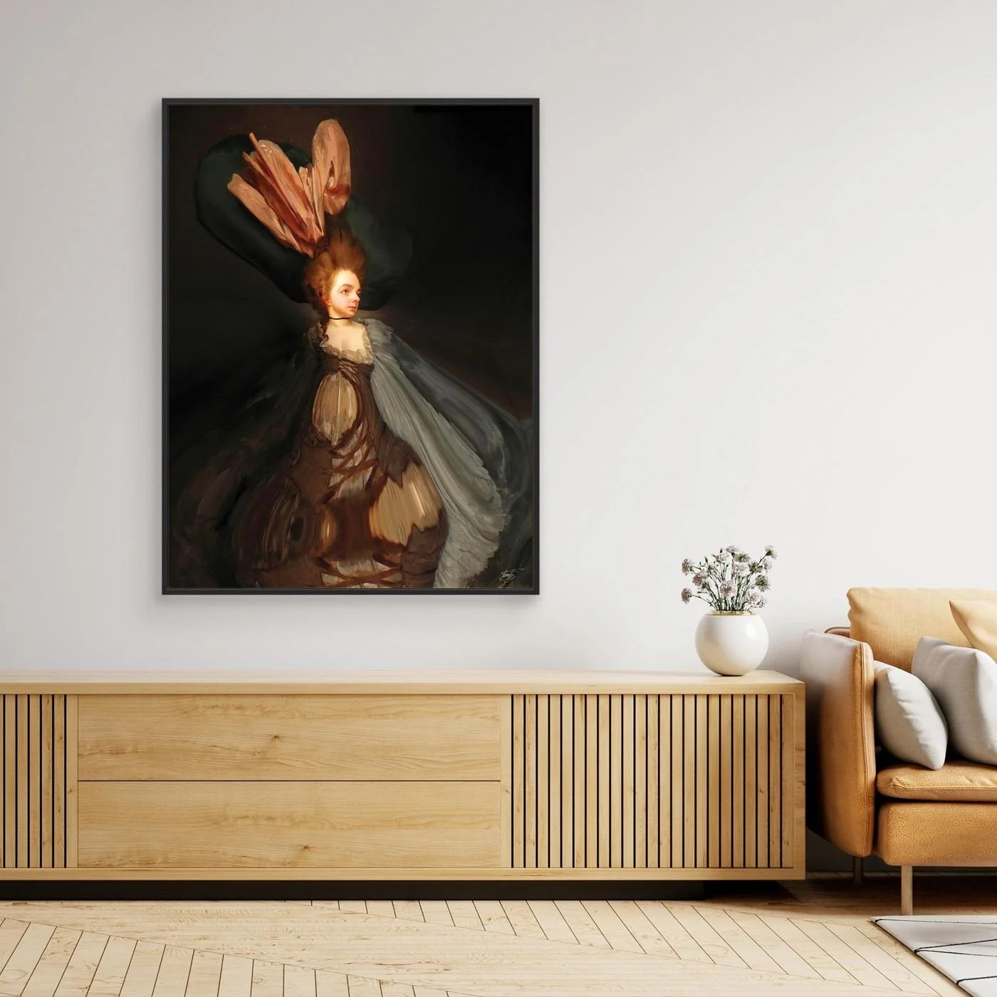 Contemporary fine art print of a surreal deconstruction of a classical lady portrait, featuring an exaggerated hat and a sweeping distorted gown, framed and ready to hang. Over wooden console