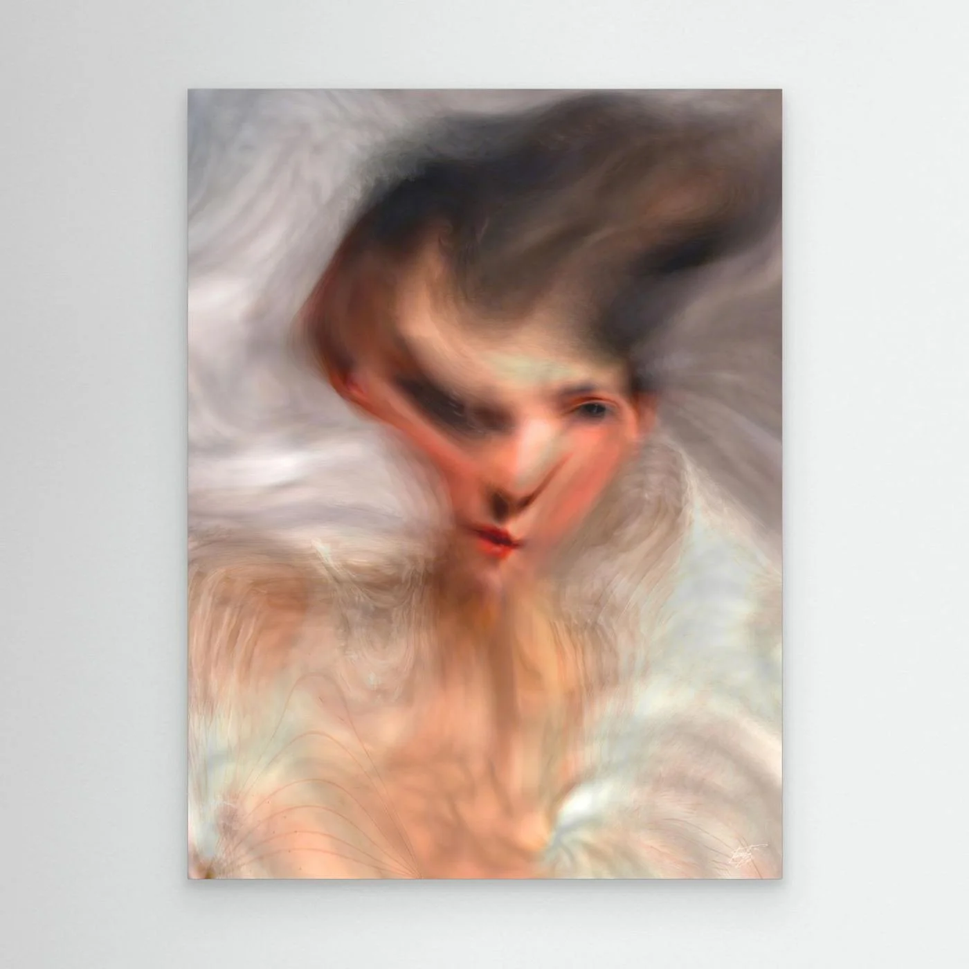 Contemporary fine art print of a surreal, liquid deconstruction of a classical portrait with soft smoky textures and an ethereal movement in cream and gray tones, framed and ready to hang.