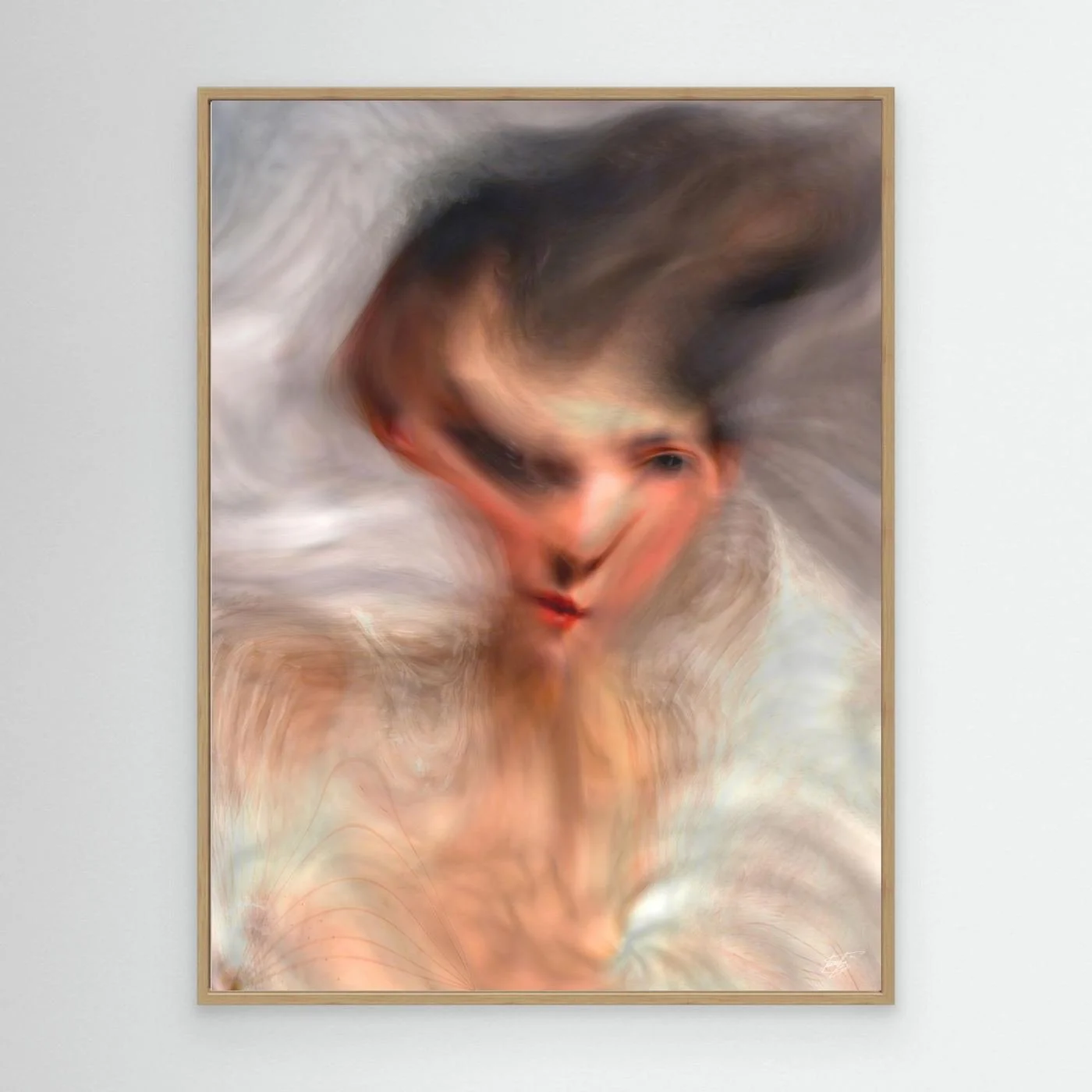 Contemporary art of a surreal, liquid deconstruction of a classical portrait with soft smoky textures and an ethereal movement in cream and gray tones, framed and ready to hang. With wooden frame