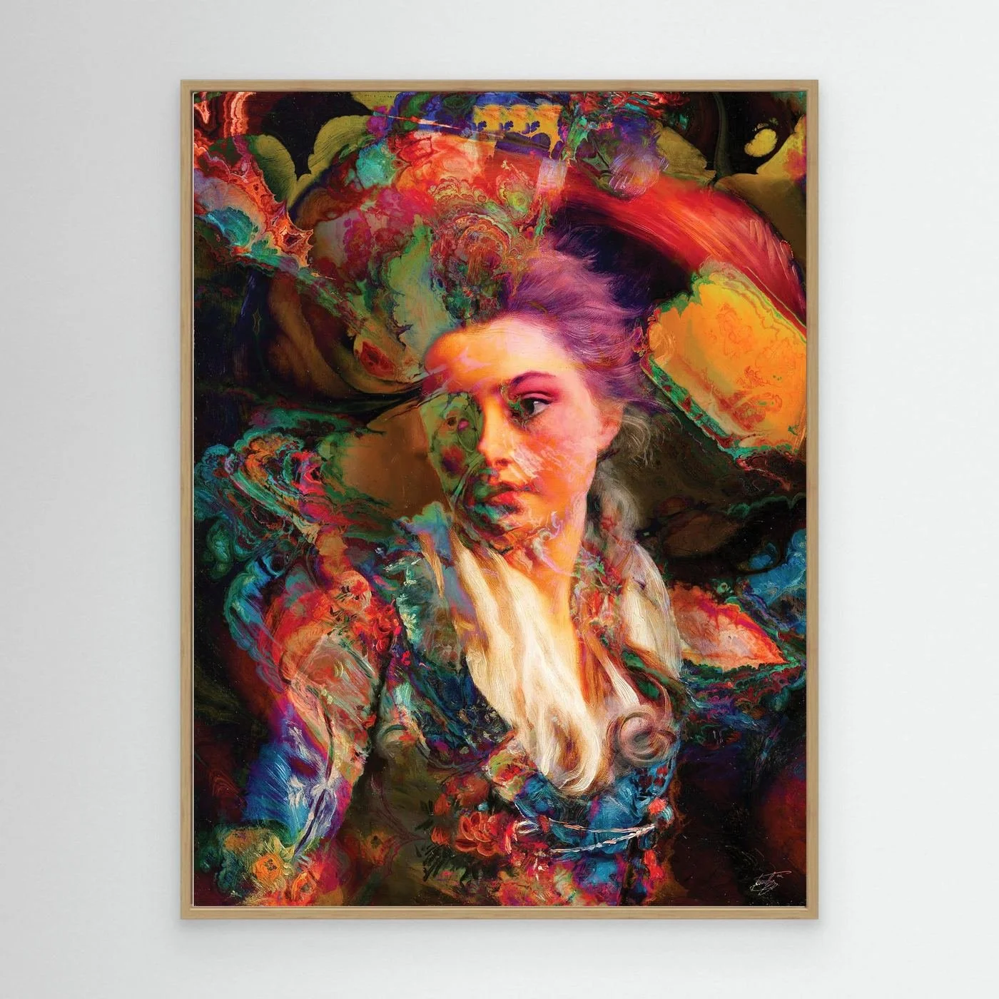 Vibrant fine art print of a surreal classical portrait merged with psychedelic fluid textures in electric blue, magenta, and fiery orange cloud backgrounds, framed and ready to hang. With wooden frame