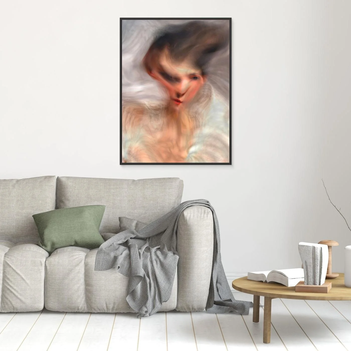 Contemporary art of a surreal, liquid deconstruction of a classical portrait with soft smoky textures and an ethereal movement in cream and gray tones, framed and ready to hang. In living room