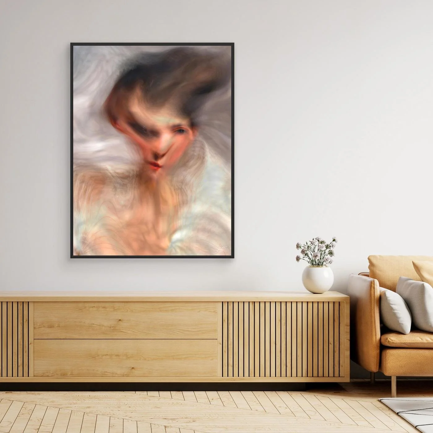 Contemporary art of a surreal, liquid deconstruction of a classical portrait with soft smoky textures and an ethereal movement in cream and gray tones, framed and ready to hang. Over wooden console