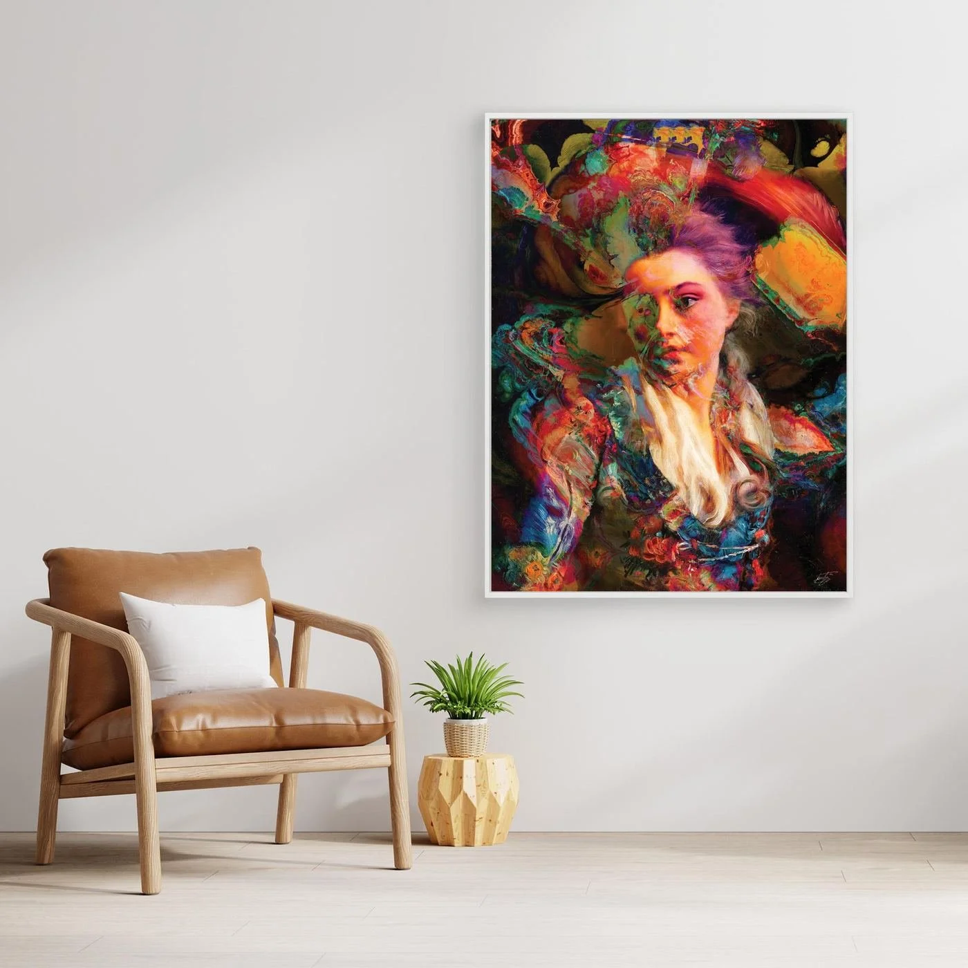 Vibrant fine art print of a surreal classical portrait merged with psychedelic fluid textures in electric blue, magenta, and fiery orange cloud backgrounds, framed and ready to hang. With chair