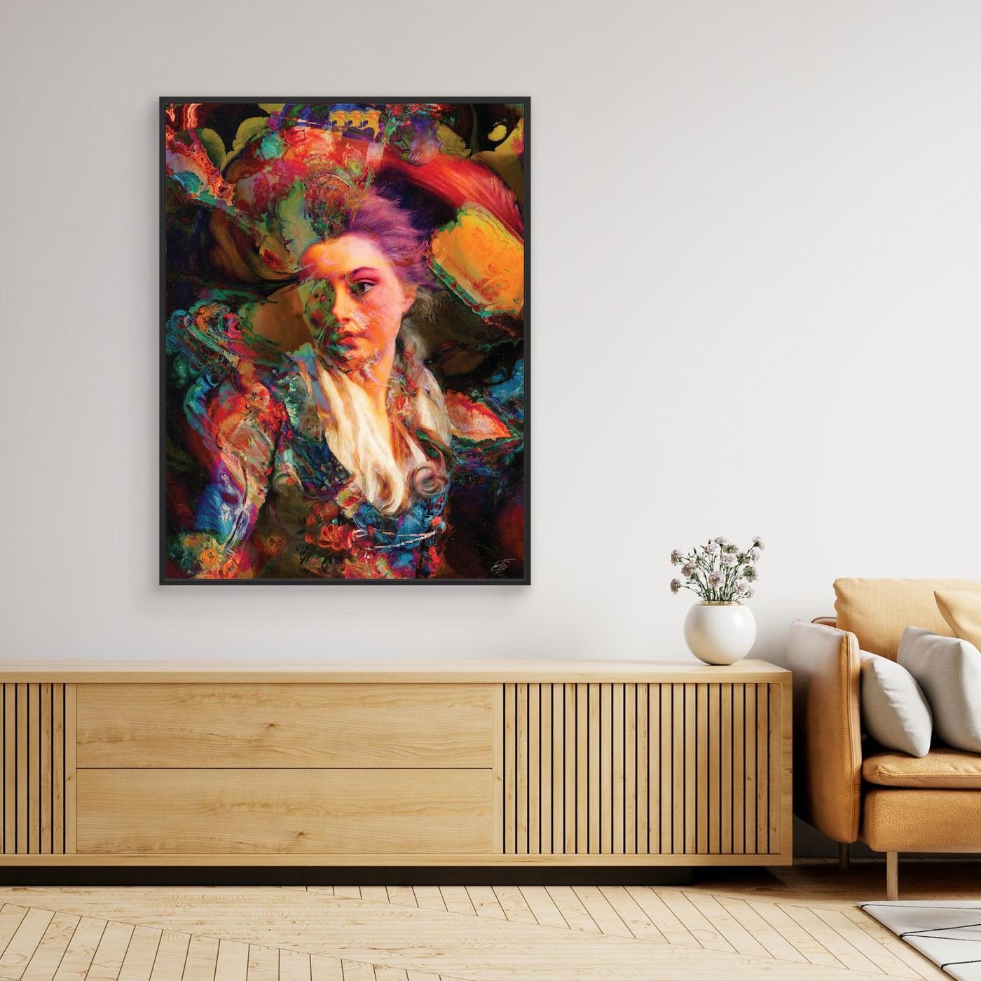 Vibrant fine art print of a surreal classical portrait merged with psychedelic fluid textures in electric blue, magenta, and fiery orange cloud backgrounds, framed and ready to hang. Over console