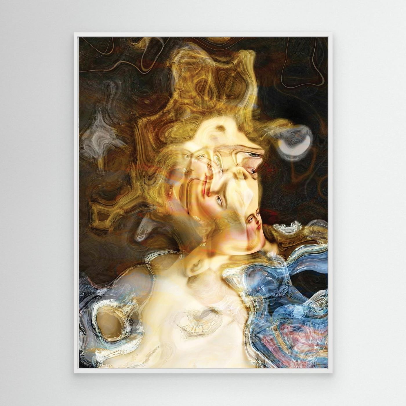 Contemporary fine art print of a surreal liquid deconstruction of classical Renaissance faces melting into swirling golden marble textures, framed and ready to hang. With white frame
