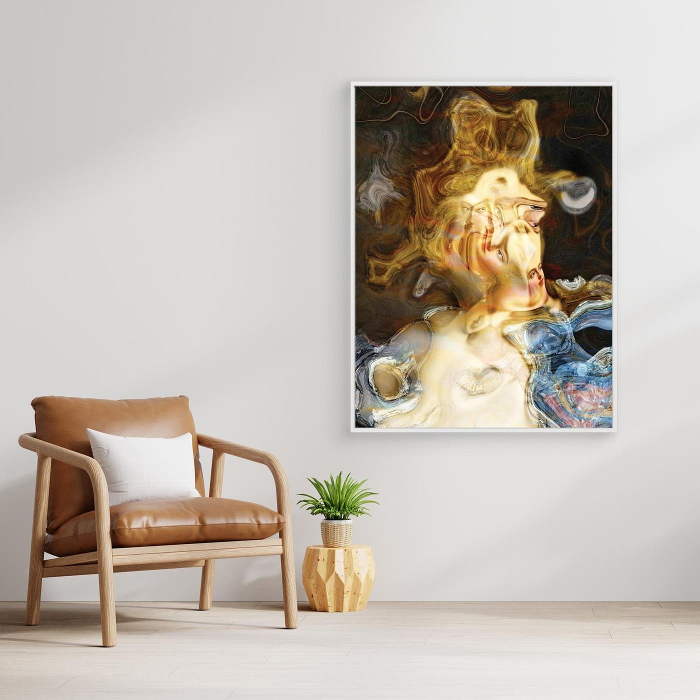 Contemporary fine art print of a surreal liquid deconstruction of classical Renaissance faces melting into swirling golden marble textures, framed and ready to hang. With chair