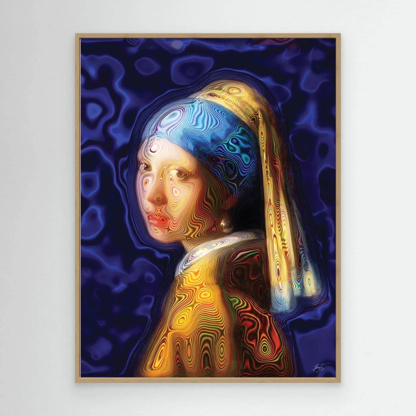 Contemporary fine art print of a psychedelic reinterpretation of Vermeer's Girl with a Pearl Earring, with vibrant blue and gold patterns, framed and ready to hang. With wooden frame