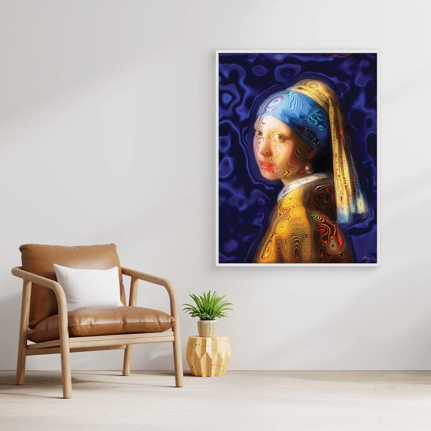 Contemporary fine art print of a psychedelic reinterpretation of Vermeer's Girl with a Pearl Earring, with vibrant blue and gold patterns, framed and ready to hang. With chair