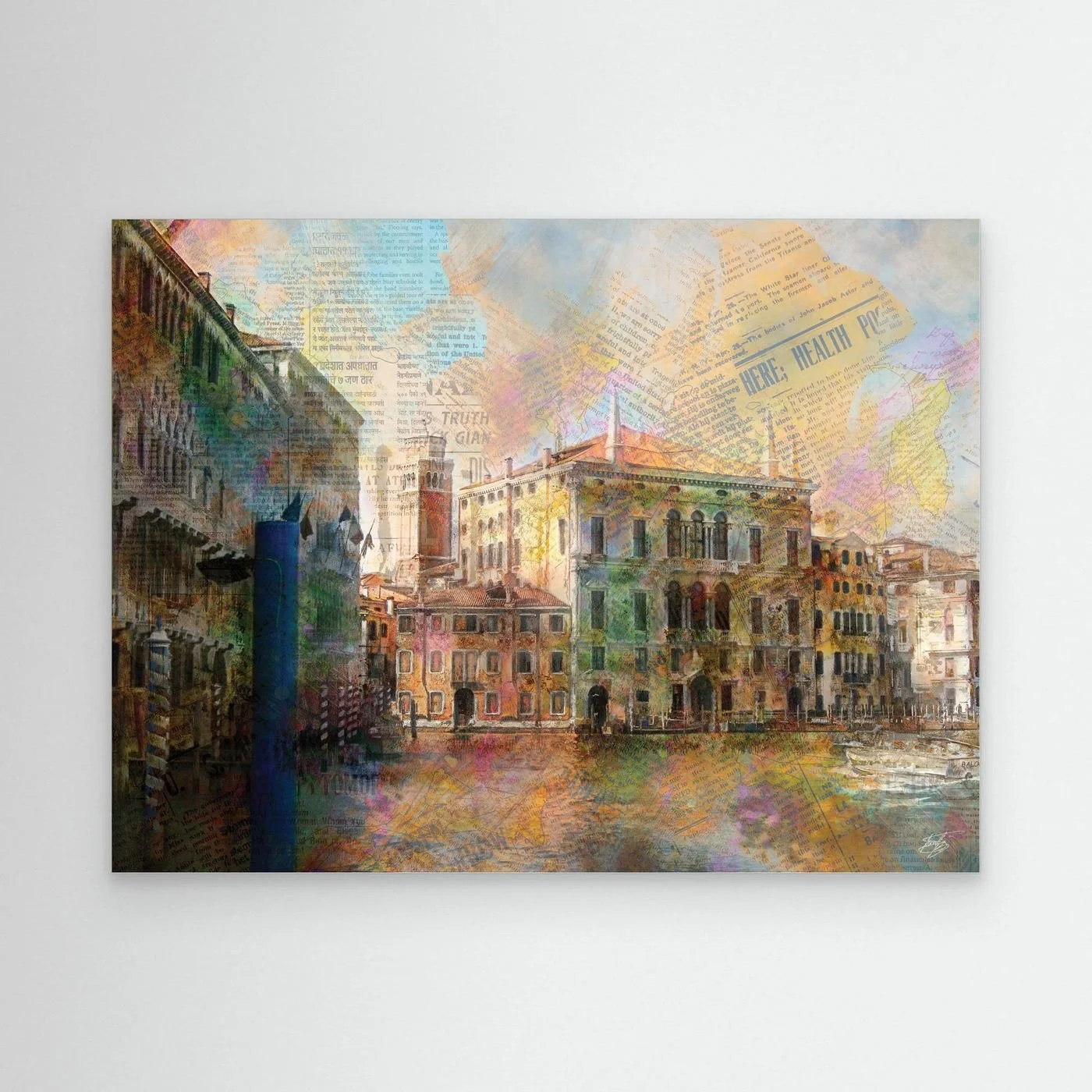 Fine art print collage of Venice featuring historic palazzo architecture overlaid with vintage newspaper clippings and vibrant watercolor textures, framed and ready to hang.