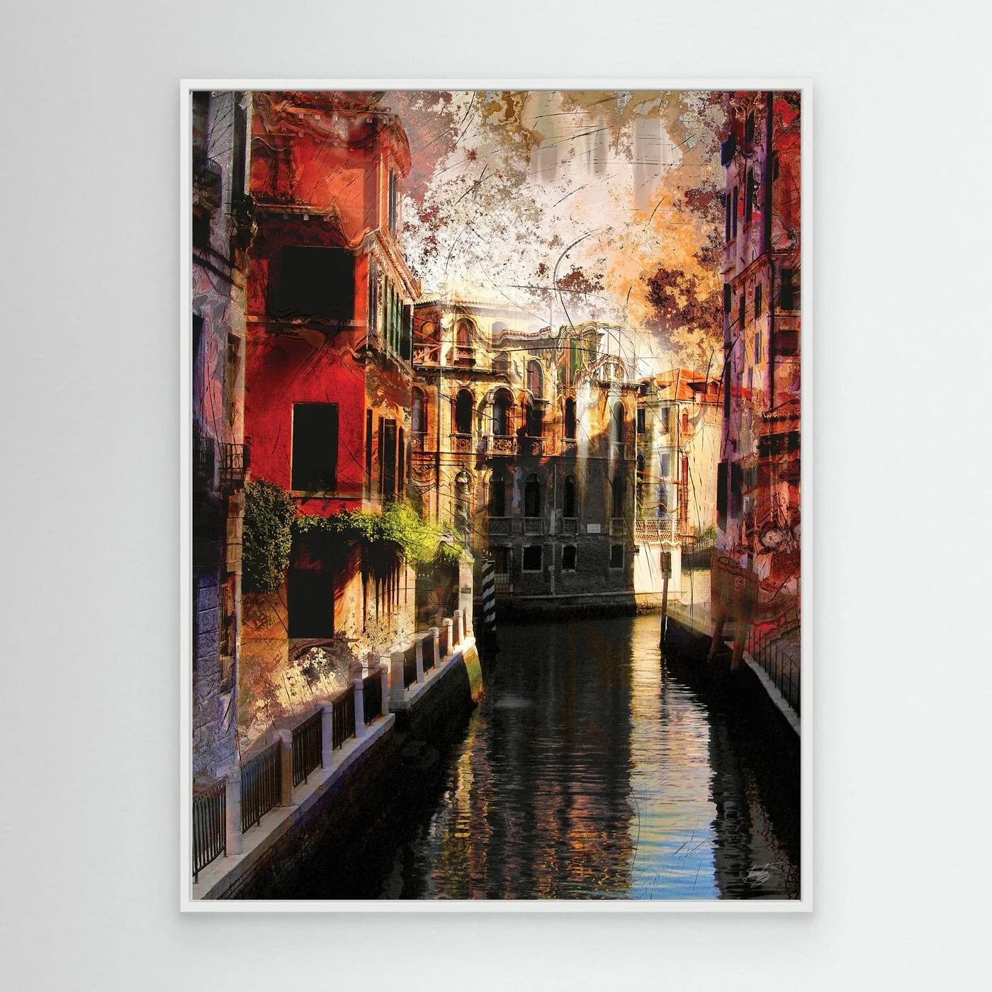 Abstract fine art print of a classic Venice canal landscape with heavy grunge textures, featuring historic architecture in vibrant red and gold tones, framed and ready to hang. With white frame