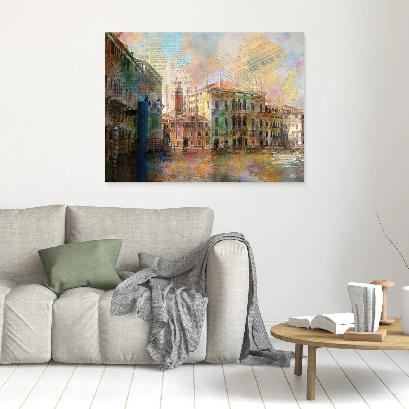 Fine art print collage of Venice featuring historic palazzo architecture overlaid with vintage newspaper clippings and vibrant watercolor textures, framed and ready to hang. In living room