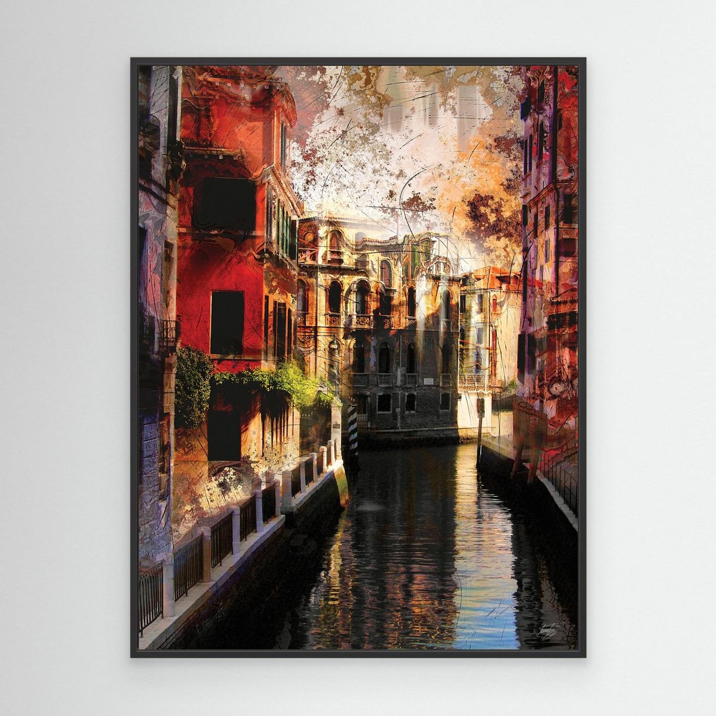 Abstract fine art print of a classic Venice canal landscape with heavy grunge textures, featuring historic architecture in vibrant red and gold tones, framed and ready to hang. With black frame