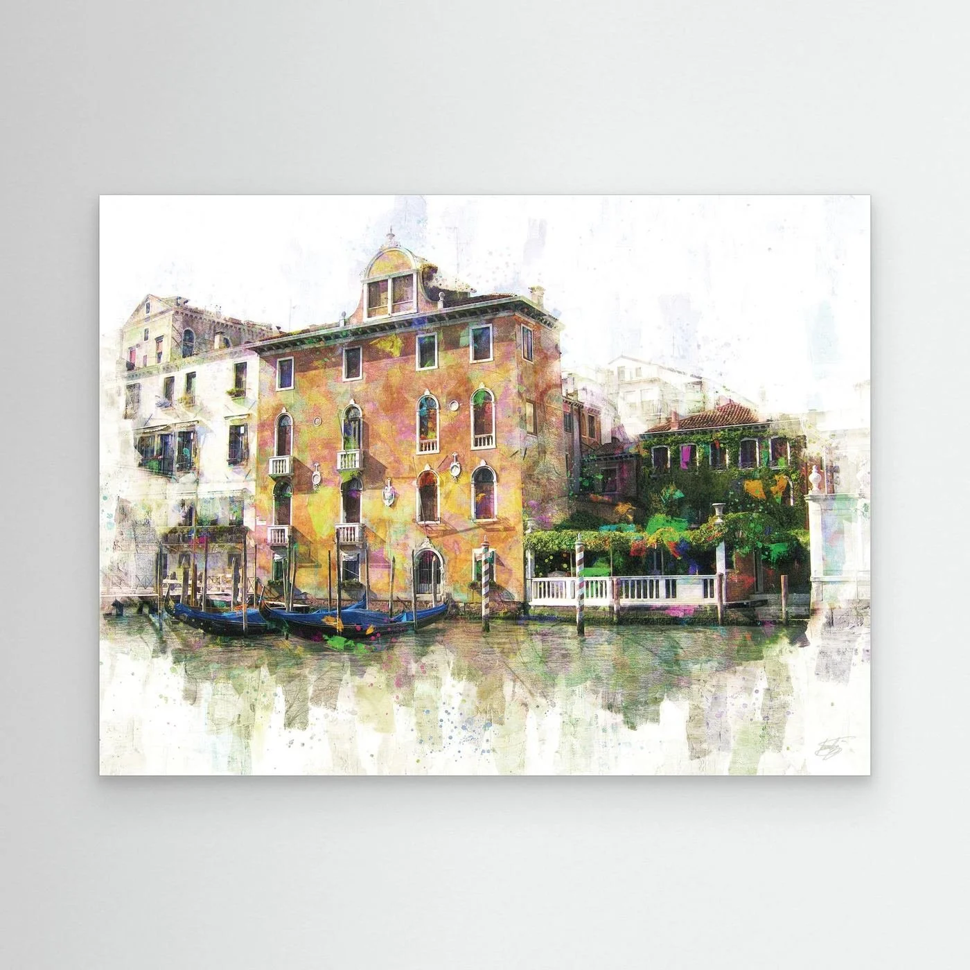 Vibrant watercolor style art print showcasing a classic Venice canal landscape with historic Italian architecture, docked gondolas, and colorful reflections on the water, framed and ready to hang.