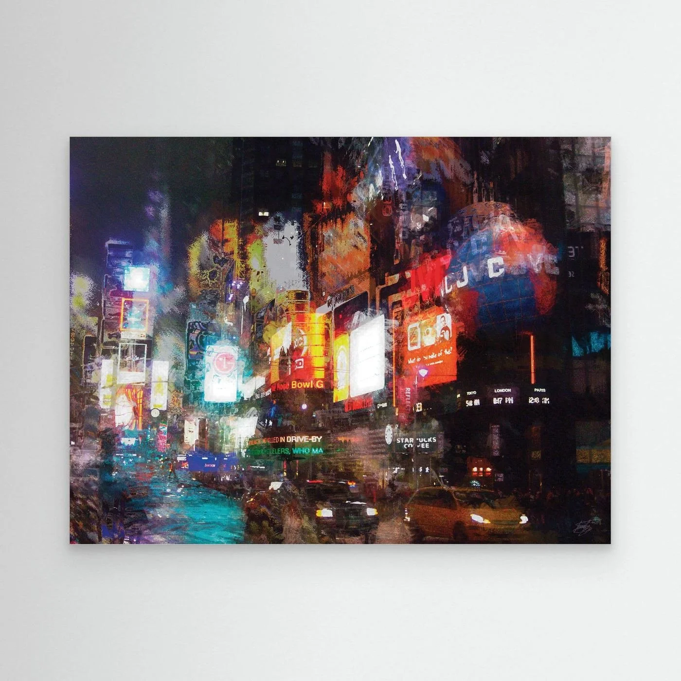 Expressionist art print of a vibrant night landscape of Times Square in New York, with textured illuminated billboards, city traffic, and glowing neon reflections, framed and ready to hang.