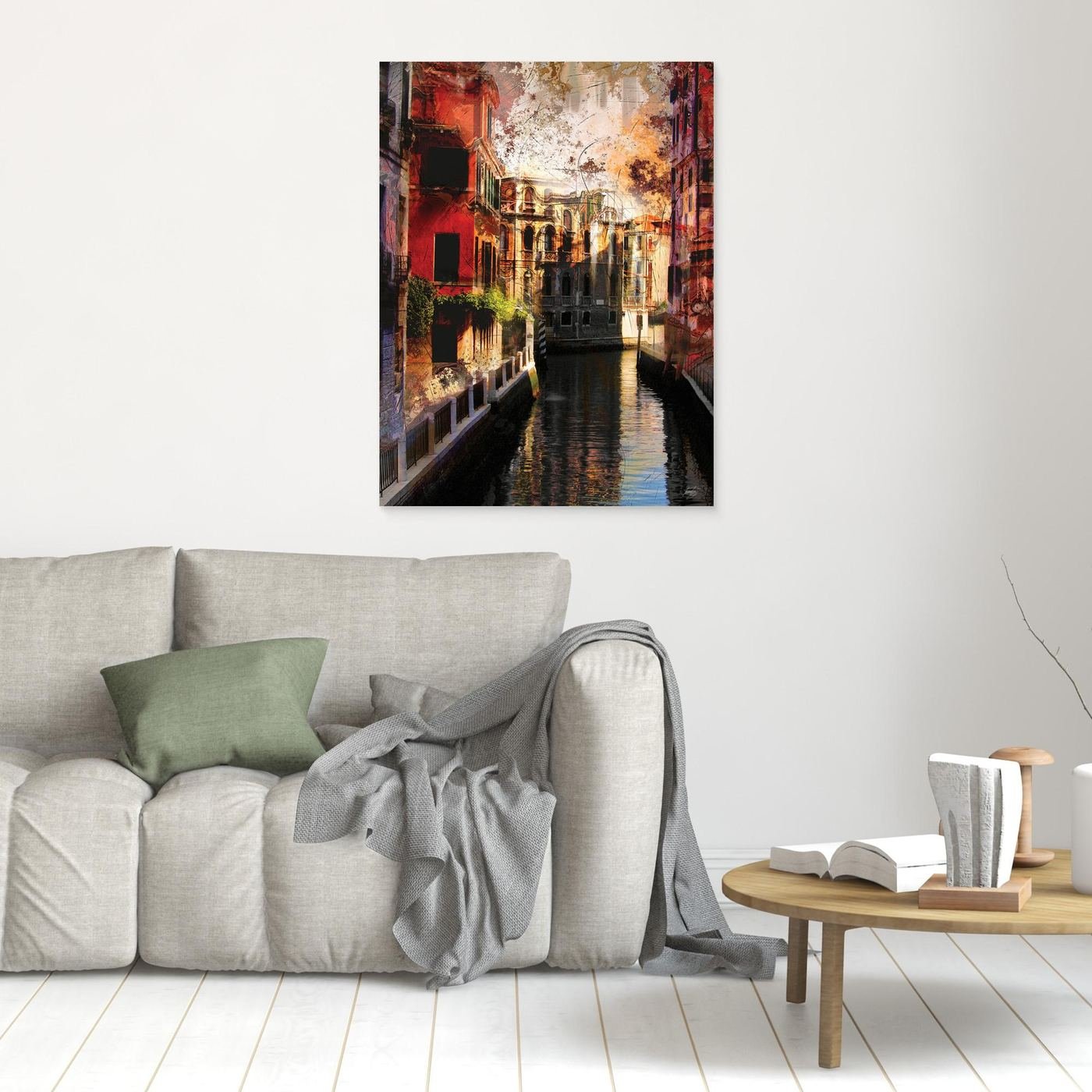 Abstract fine art print of a classic Venice canal landscape with heavy grunge textures, featuring historic architecture in vibrant red and gold tones, framed and ready to hang. In living room