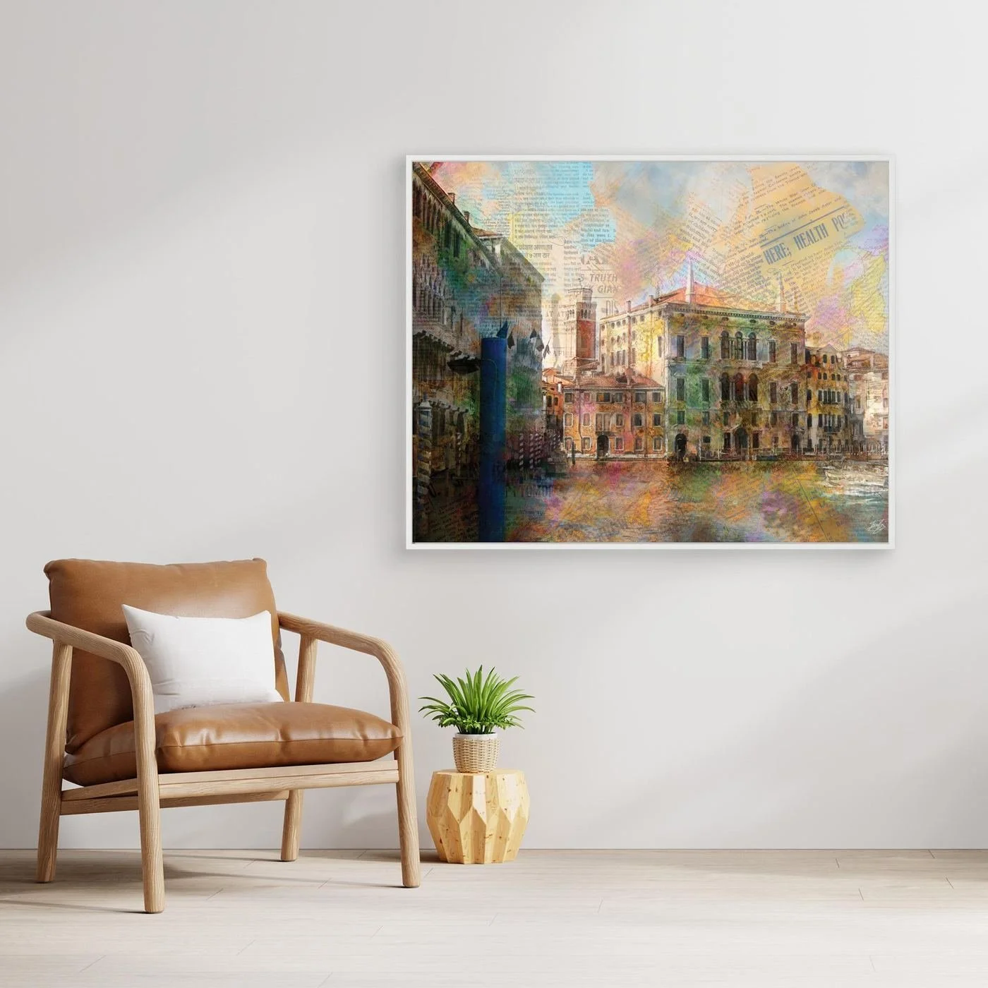 Fine art print collage of Venice featuring historic palazzo architecture overlaid with vintage newspaper clippings and vibrant watercolor textures, framed and ready to hang. With chair