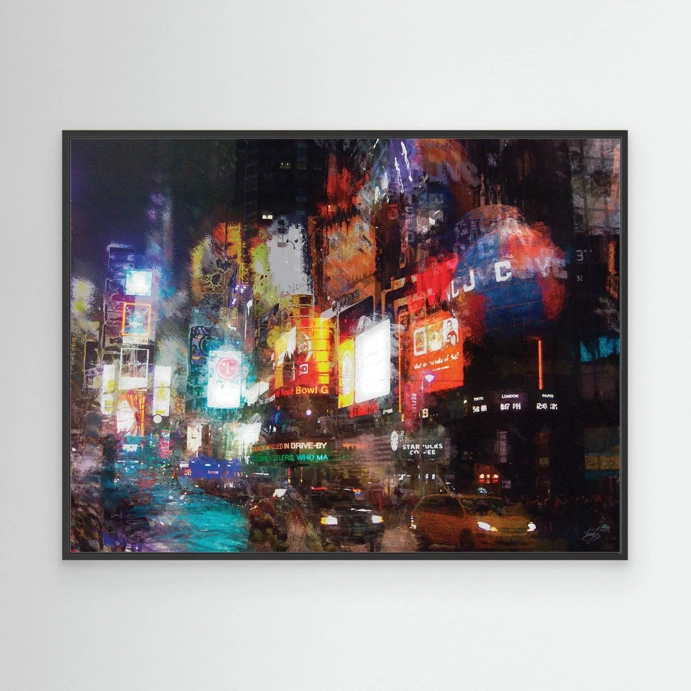Expressionist art print of a vibrant night landscape of Times Square, with textured illuminated billboards, city traffic, and glowing neon reflections, framed and ready to hang. With black frame