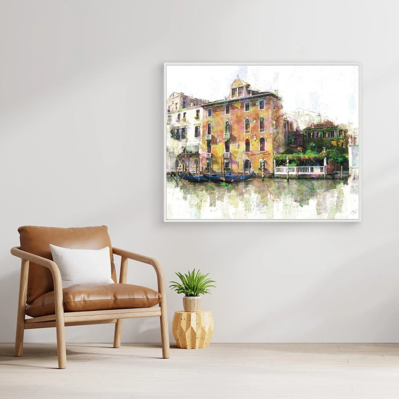 Vibrant fine art print of a classic Venice canal landscape with historic Italian architecture, docked gondolas, and colorful reflections on the water, framed and ready to hang. With couch