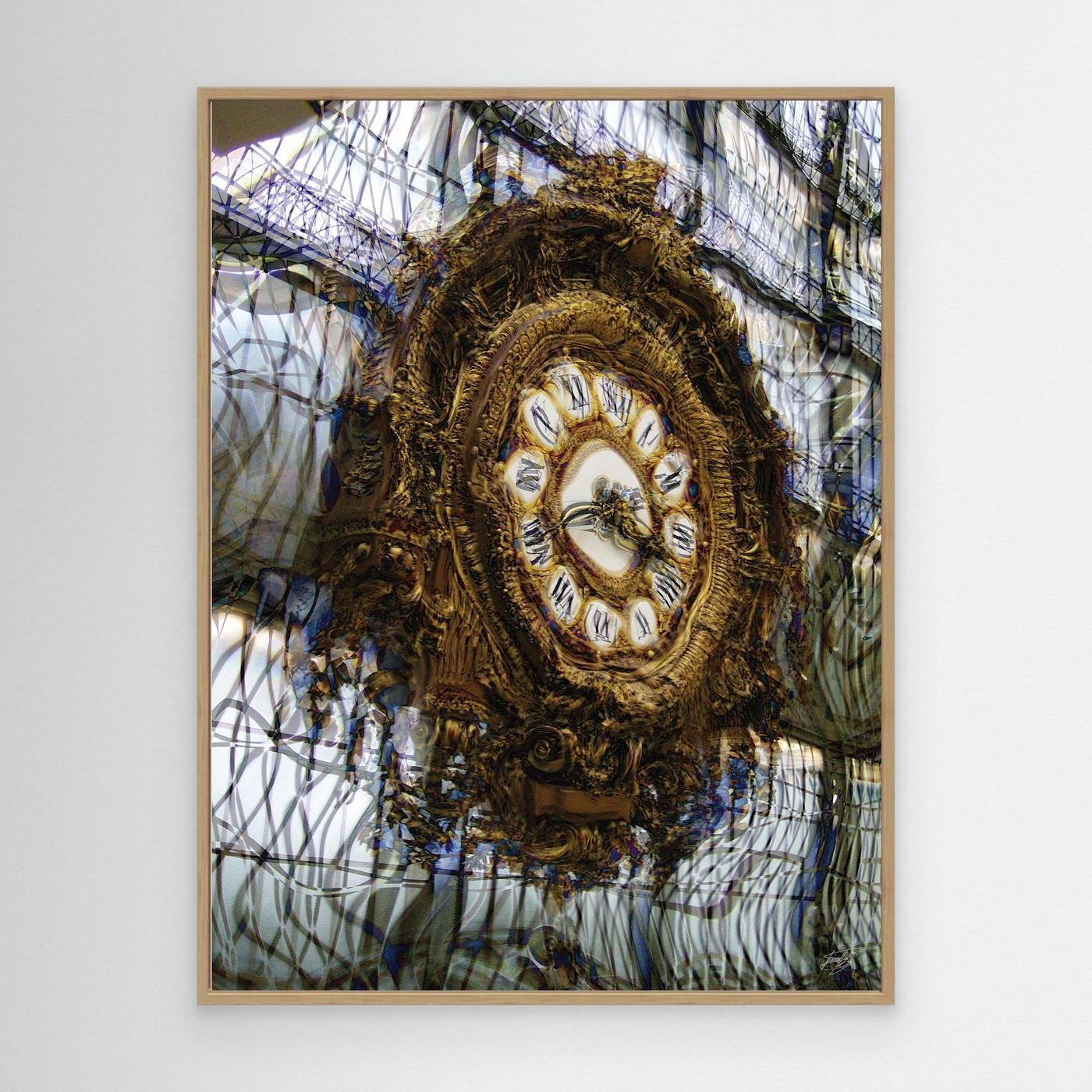 Fine art print of the ornate gold clock from the Musee d'Orsay in Paris, integrated into a complex abstract grid of glass and steel architecture, framed and ready to hang. With wooden frame