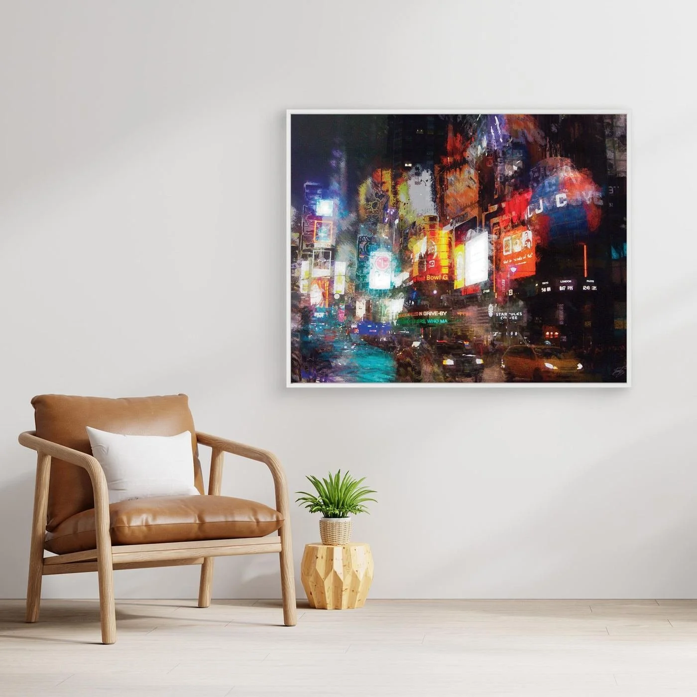 Expressionist art print of a vibrant night landscape of Times Square, with textured illuminated billboards, city traffic, and glowing neon reflections, framed and ready to hang. With chair