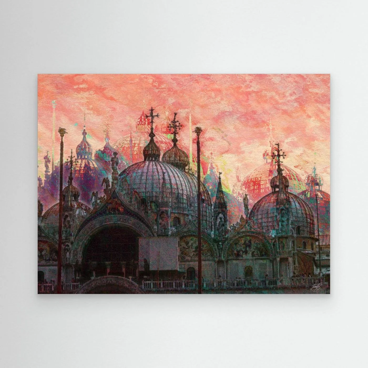 Expressionist digital art print showcasing St. Mark's Basilica in Venice with intricate dome details under a textured pink and coral sky, framed and ready to hang.
