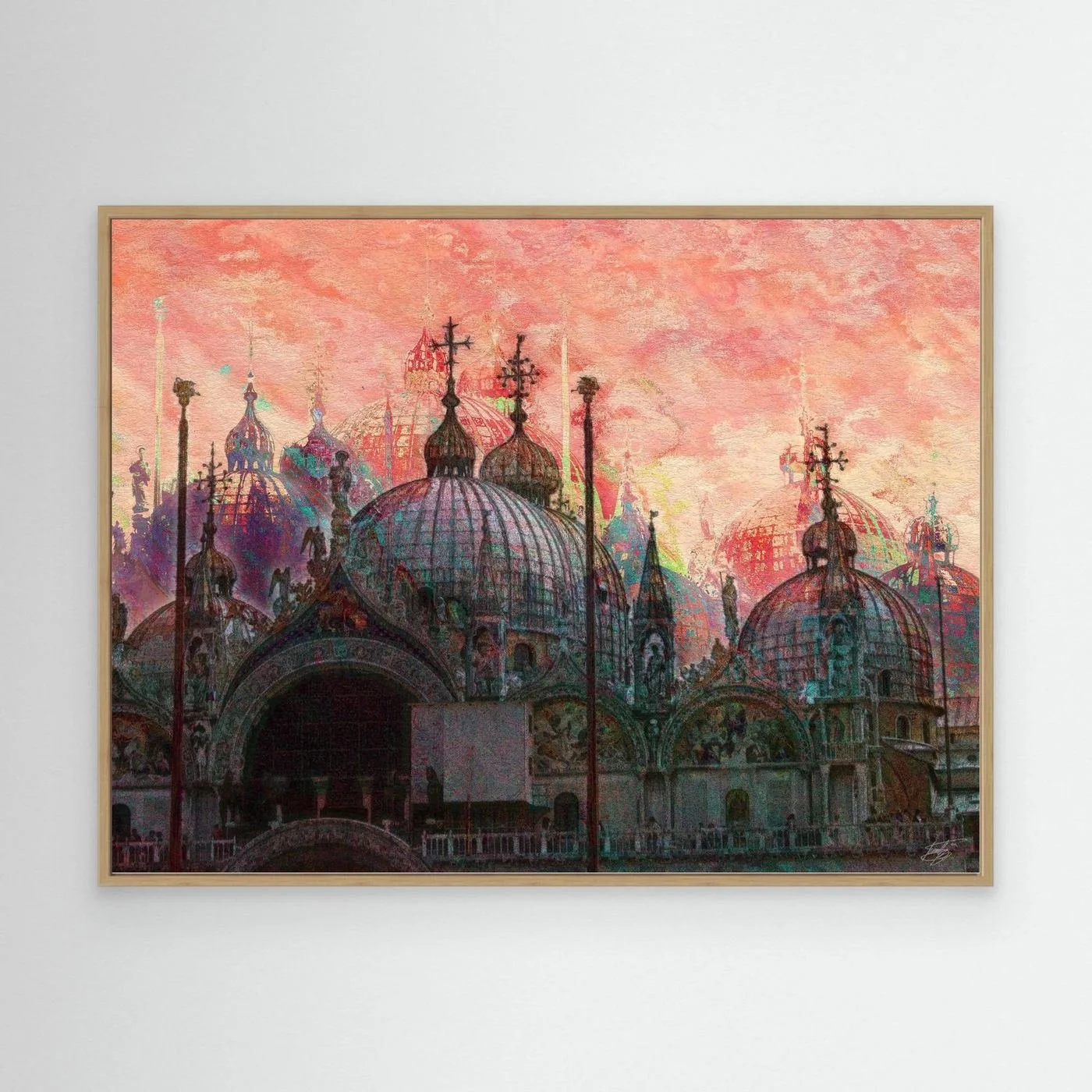 Expressionist digital art print showcasing St. Mark's Basilica in Venice with intricate dome details under a textured pink and coral sky, framed and ready to hang. With wooden frame