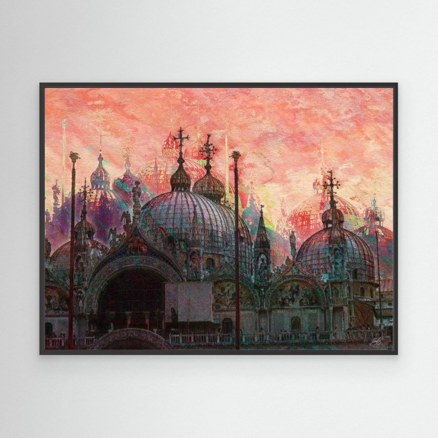 Expressionist digital art print showcasing St. Mark's Basilica in Venice with intricate dome details under a textured pink and coral sky, framed and ready to hang. With black frame