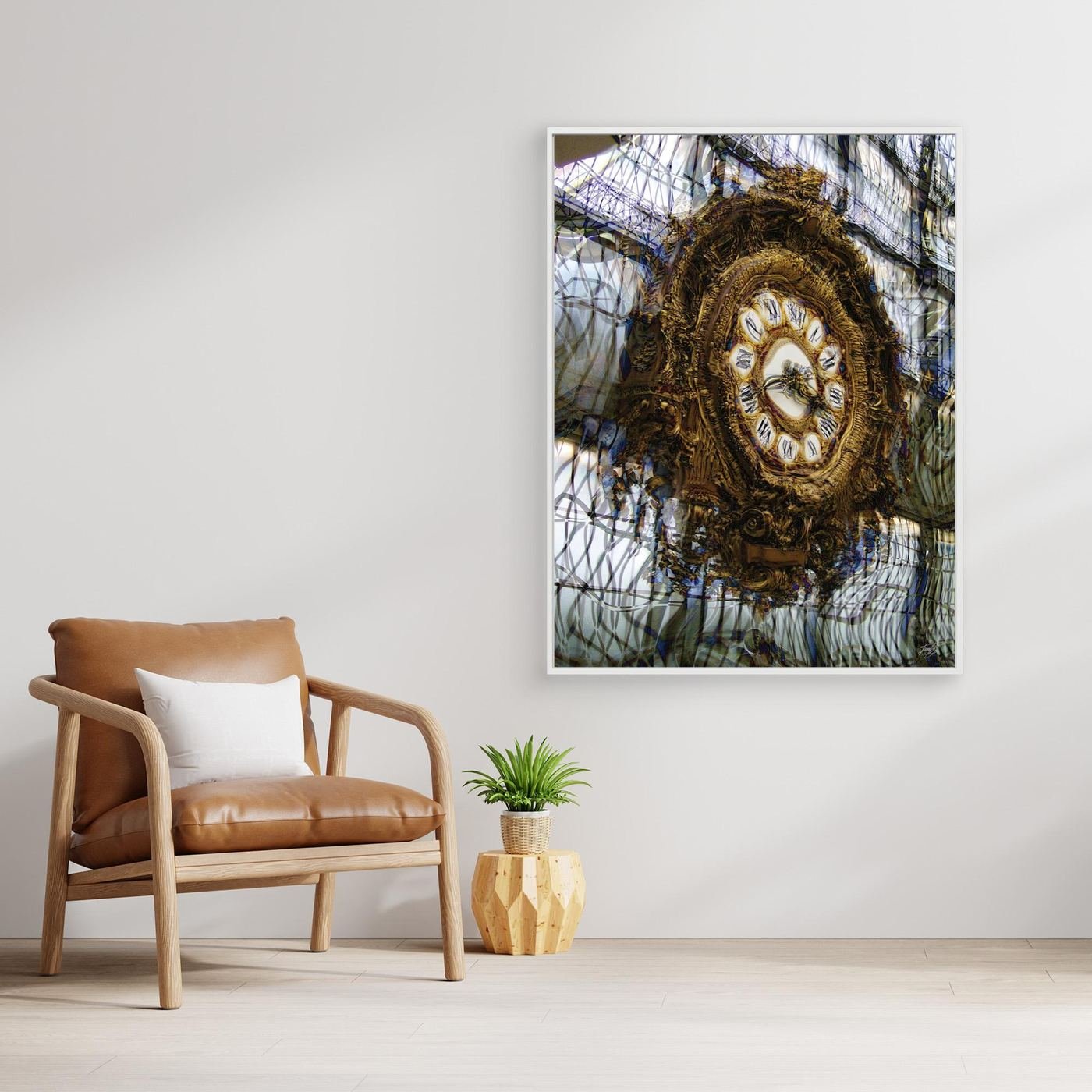 Fine art print of the ornate gold clock from the Musee d'Orsay in Paris, integrated into a complex abstract grid of glass and steel architecture, framed and ready to hang. With chair