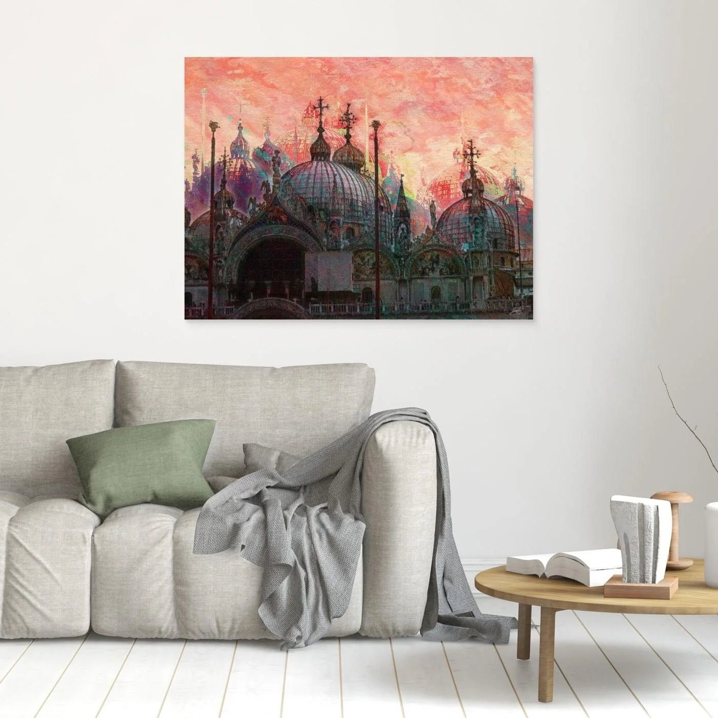 Expressionist digital art print showcasing St. Mark's Basilica in Venice with intricate dome details under a textured pink and coral sky, framed and ready to hang. In living room