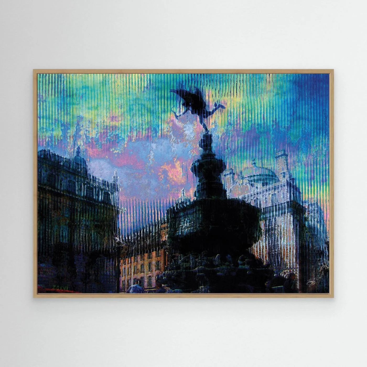 Contemporary fine art of Piccadilly Circus in London, deconstructed through a vertical glitch texture with a vibrant twilight color palette, framed and ready to hang. With wooden frame
