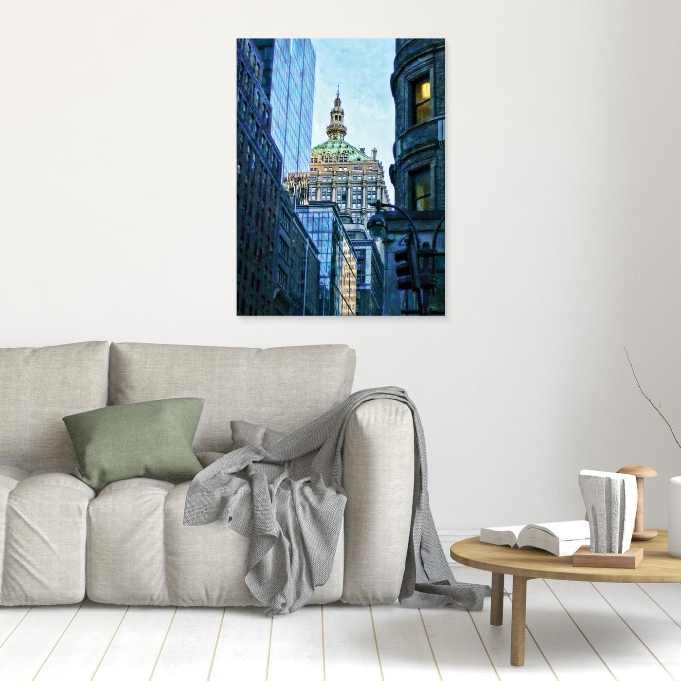 Impressionist art print of a Manhattan street perspective, with an historic building dome framed by modern blue glass skyscrapers, framed and ready to hang. In living room