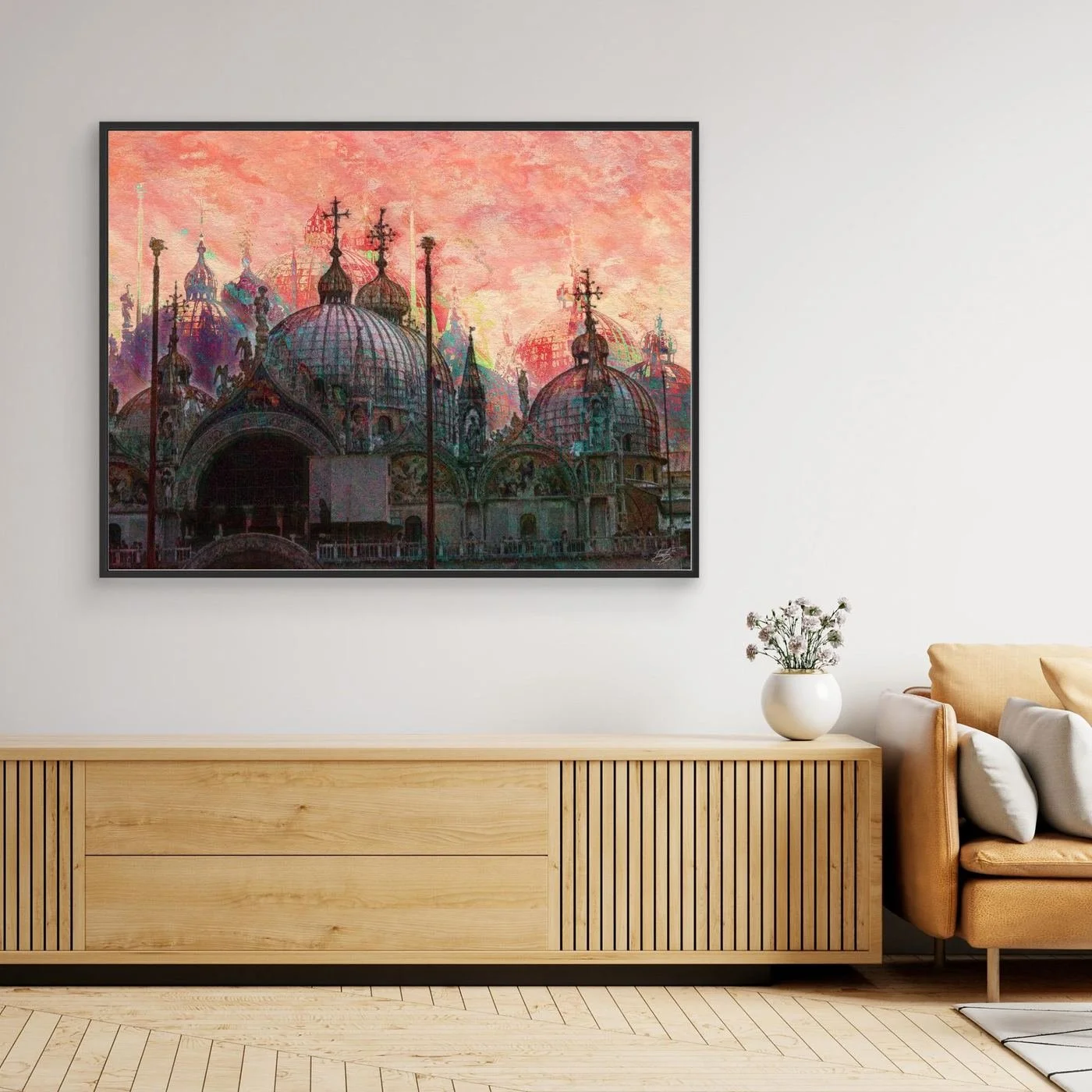 Expressionist digital art print showcasing St. Mark's Basilica in Venice with intricate dome details under a textured pink and coral sky, framed and ready to hang. Over wooden console