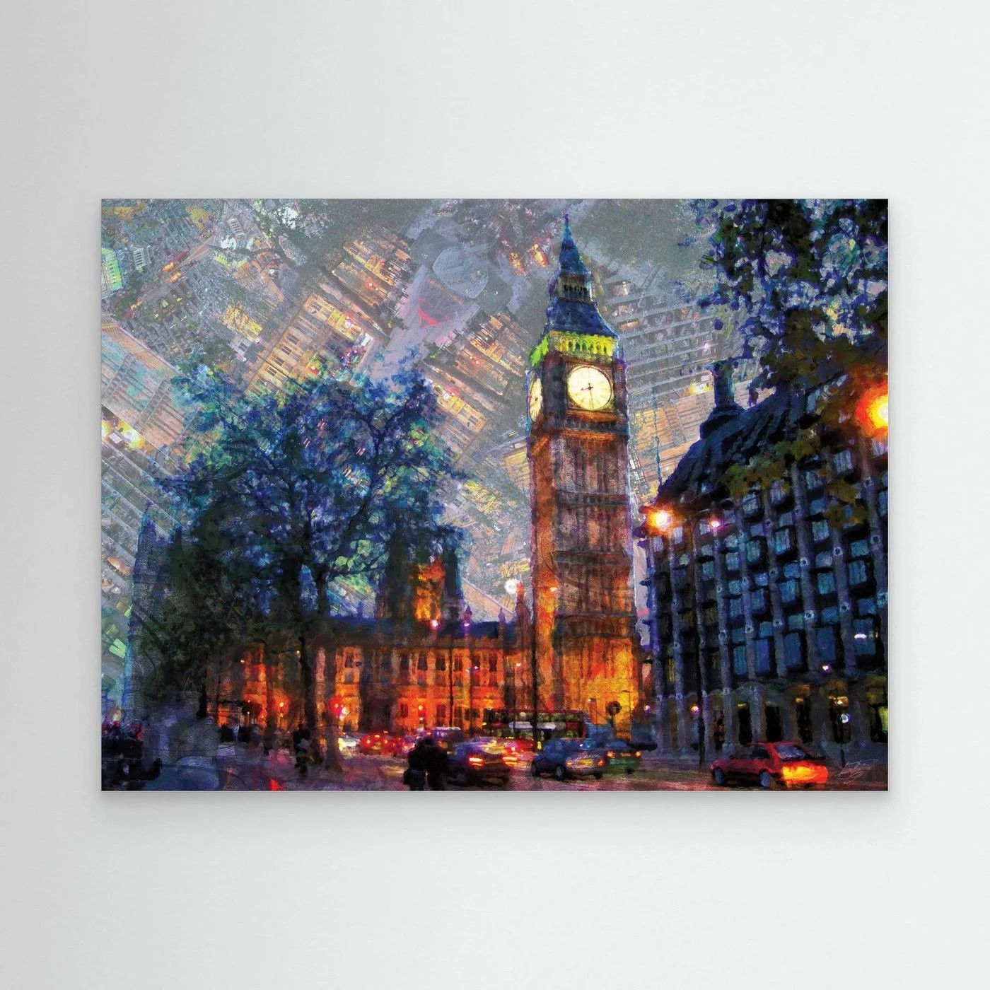 Impressionist fine art print showcasing London's Big Ben illuminated at night with a surreal textured sky featuring inverted city architectural patterns, framed and ready to hang.