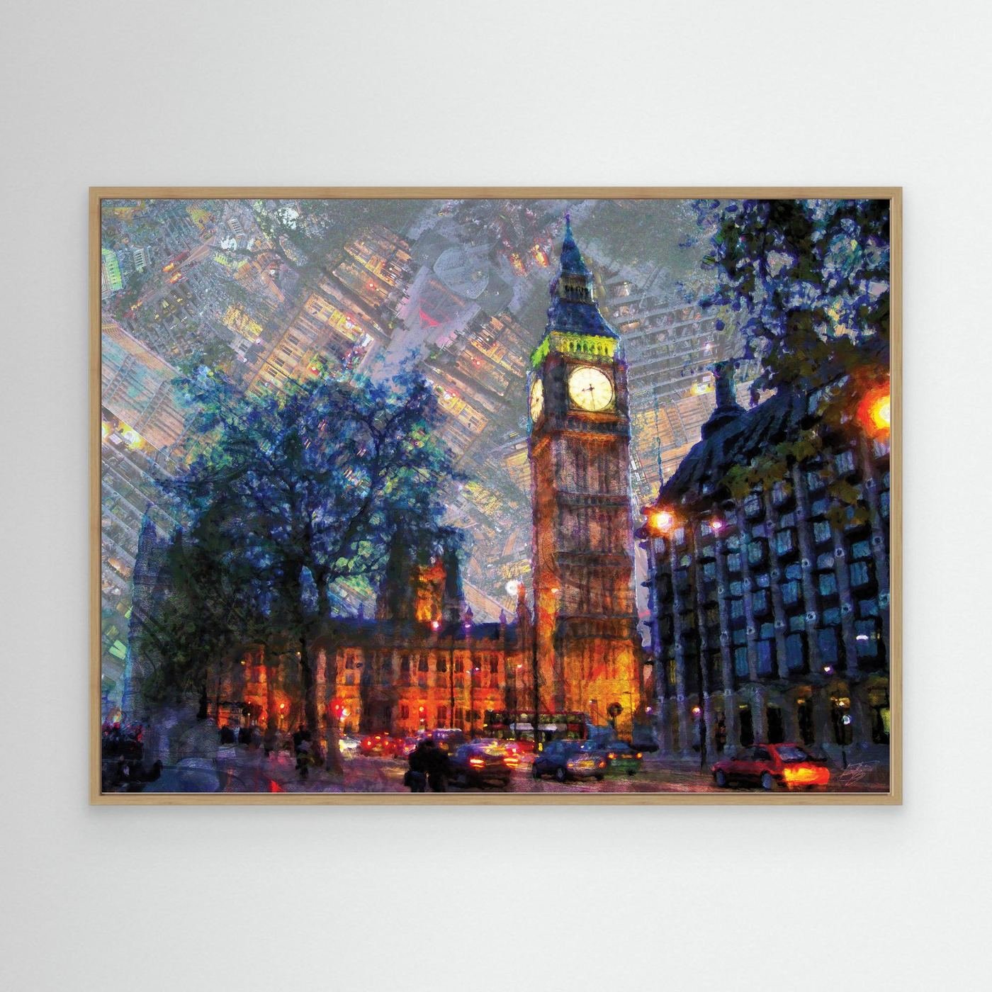 Impressionist fine art print showcasing London's Big Ben illuminated at night with a surreal textured sky featuring inverted city architectural patterns, framed and ready to hang. With wooden frame