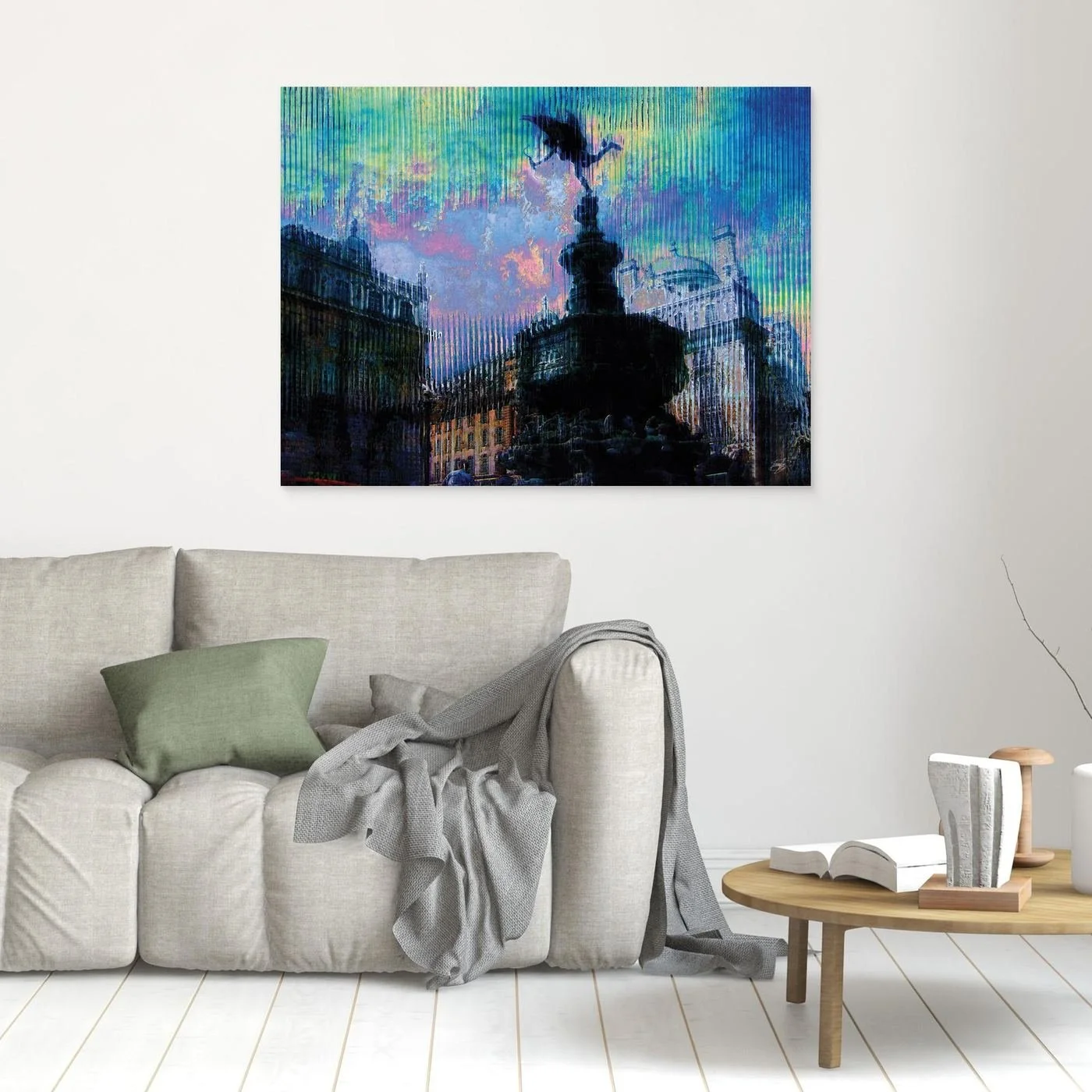 Contemporary fine art of Piccadilly Circus in London, deconstructed through a vertical glitch texture with a vibrant twilight color palette, framed and ready to hang. In living room