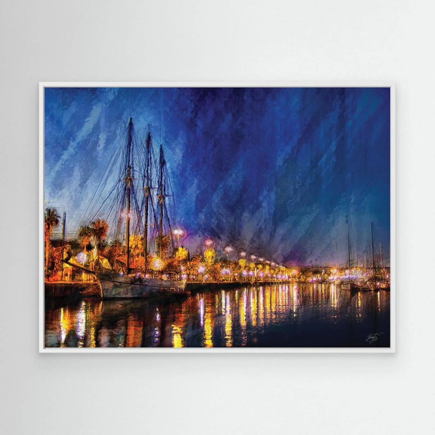 Expressionist fine art of a night landscape of Port Vell in Barcelona, with a sailboat, palm trees, illuminated street lamps, and reflections on water, framed and ready to hang. With white frame
