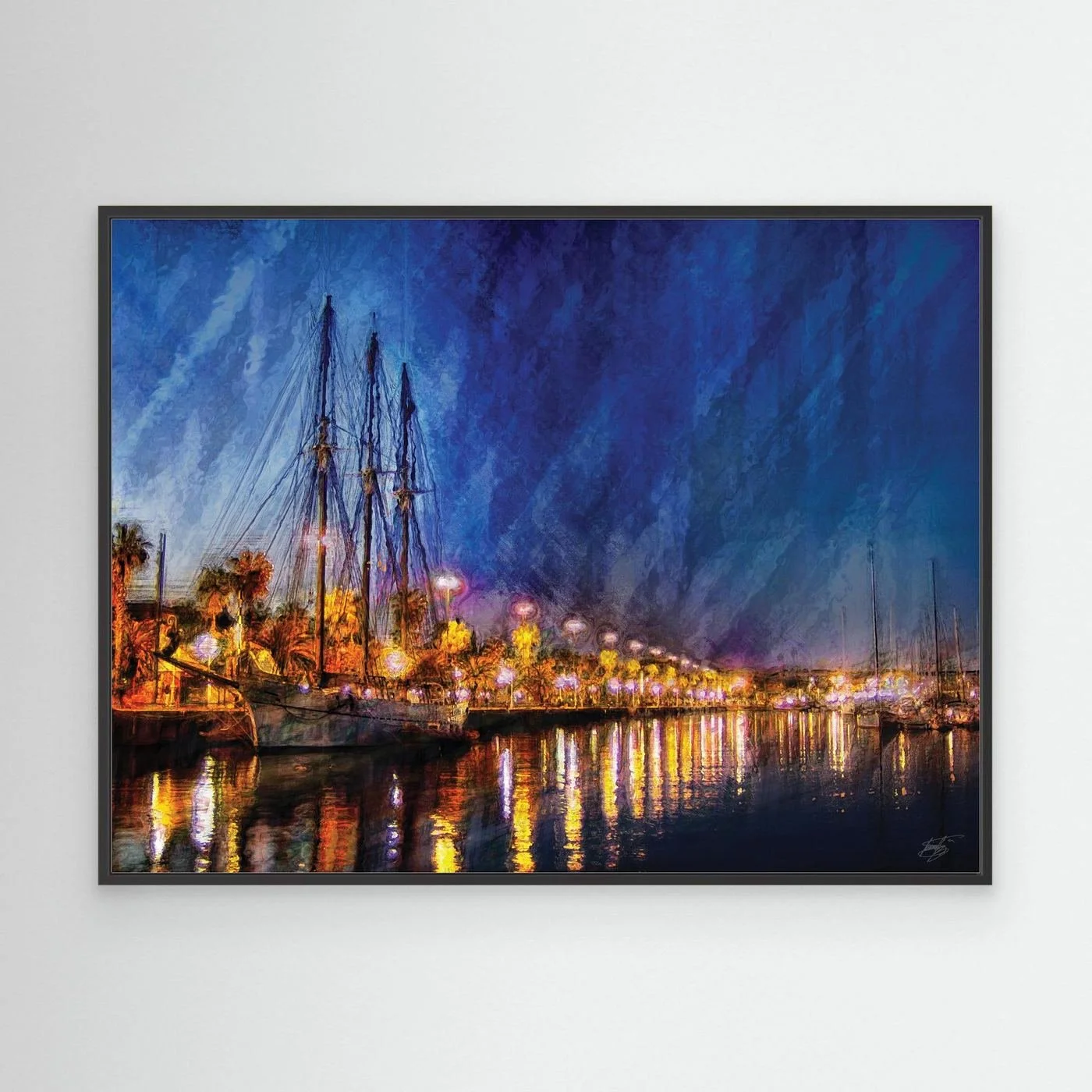 Expressionist fine art of a night landscape of Port Vell in Barcelona, with a sailboat, palm trees, illuminated street lamps, and reflections on water, framed and ready to hang. With black frame