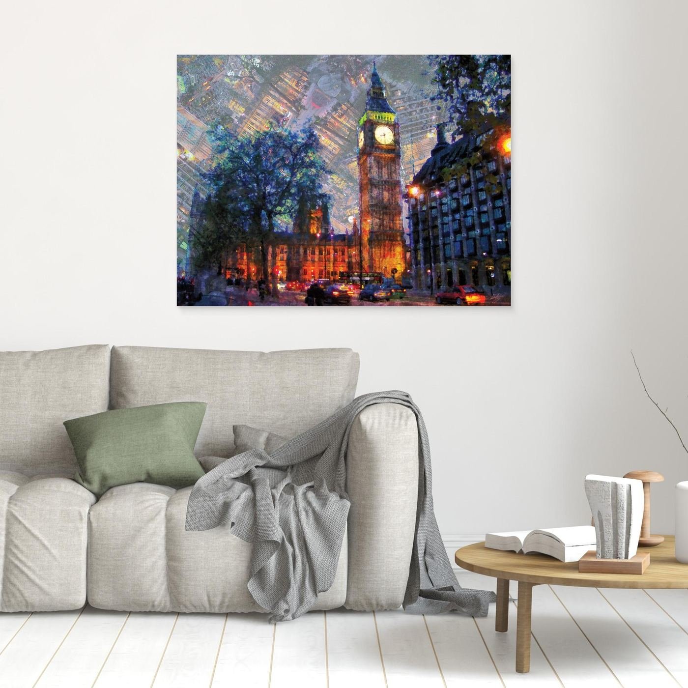 Impressionist fine art print showcasing London's Big Ben illuminated at night with a surreal textured sky featuring inverted city architectural patterns, framed and ready to hang. In living room