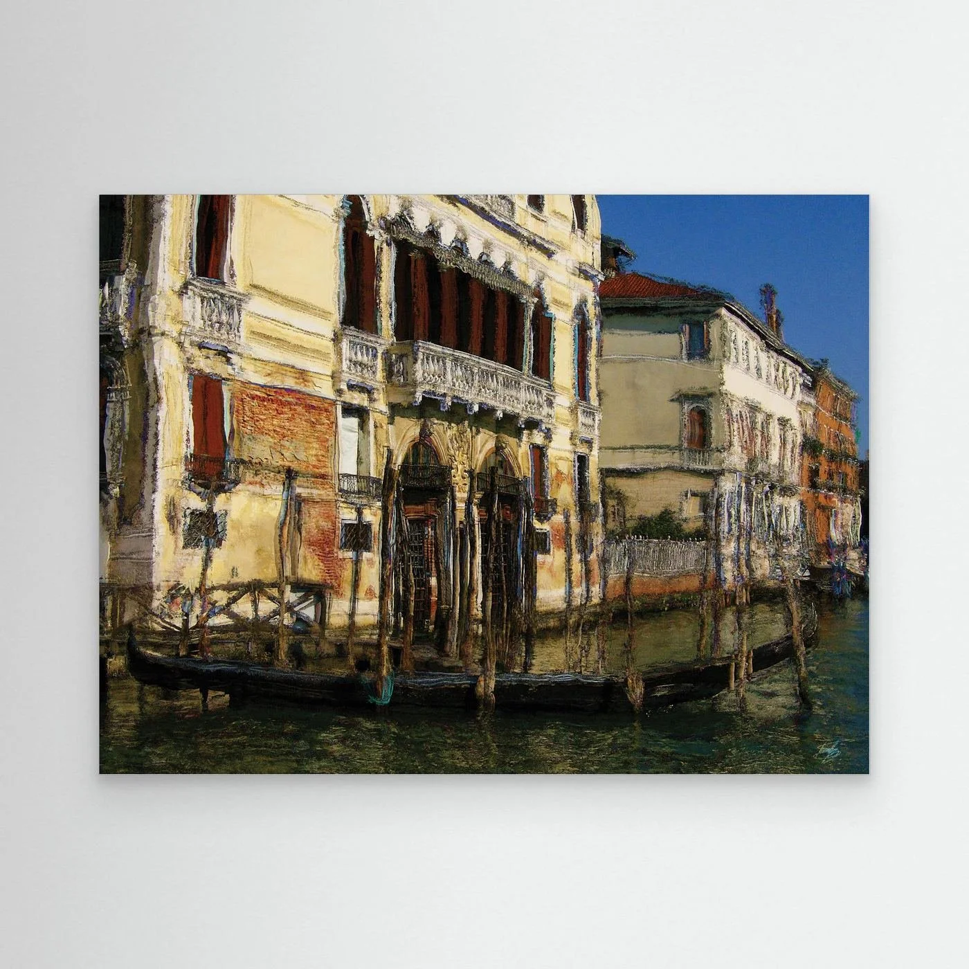 Expressionist fine art print showcasing a historic Venetian palazzo along the Grand Canal with a docked gondola and textured oil painting brushstrokes, framed and ready to hang.