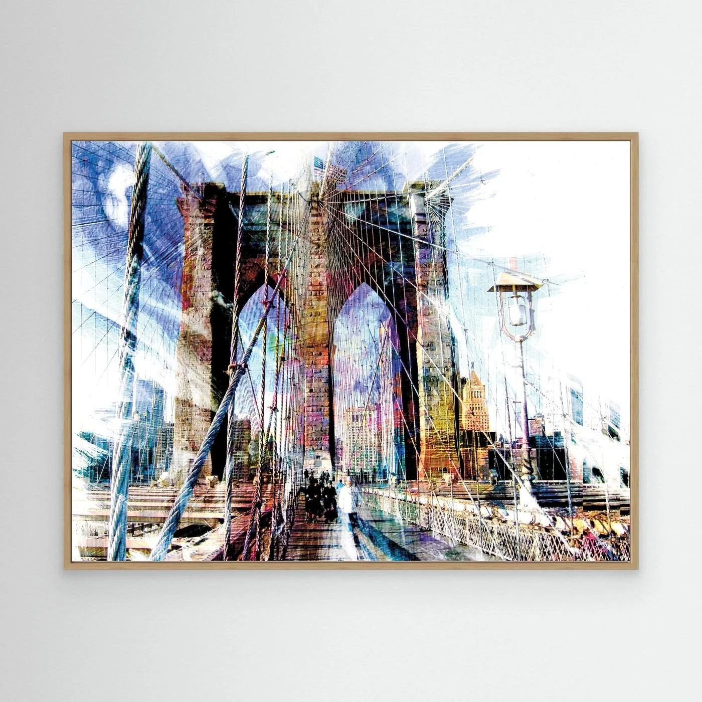 Expressionist fine art print of a dramatic walking perspective of the Brooklyn Bridge with high-contrast architectural line textures and bright highlights, framed and ready to hang. With wooden frame