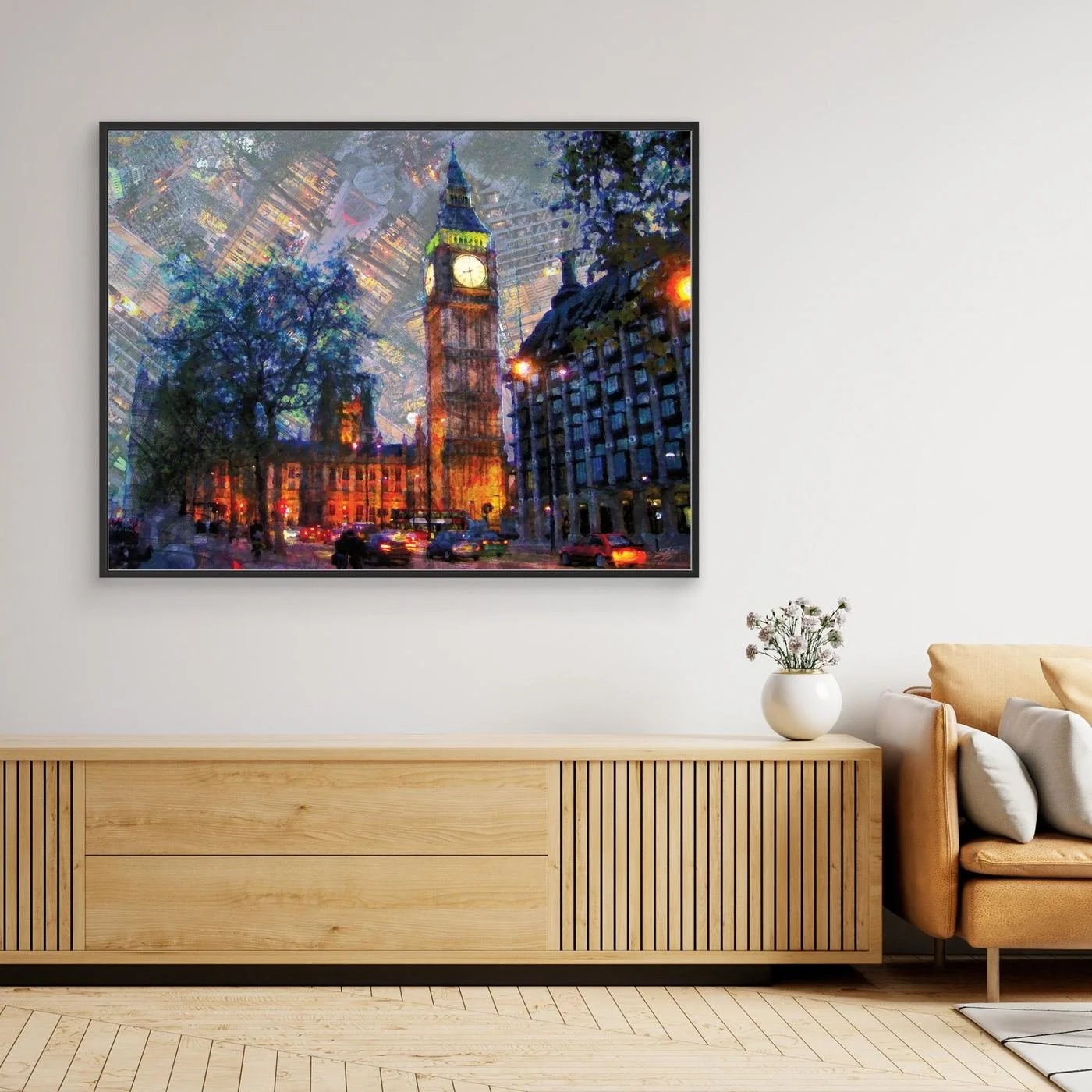 Impressionist fine art print showcasing London's Big Ben illuminated at night with a surreal textured sky featuring inverted city architectural patterns, framed and ready to hang. Over wooden console