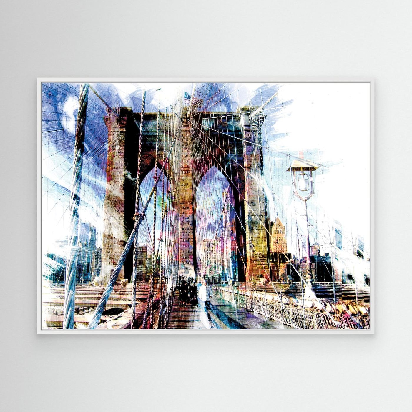 Expressionist fine art print of a dramatic walking perspective of the Brooklyn Bridge with high-contrast architectural line textures and bright highlights, framed and ready to hang. With white frame