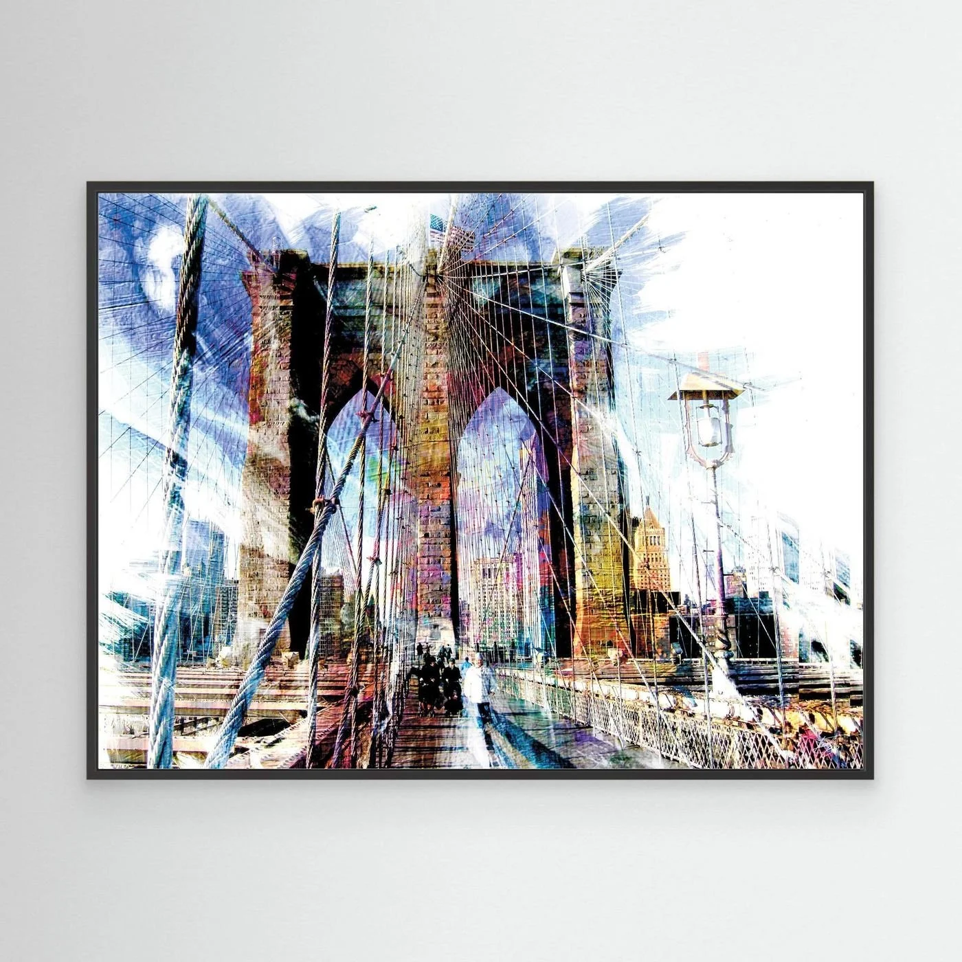 Expressionist fine art print of a dramatic walking perspective of the Brooklyn Bridge with high-contrast architectural line textures and bright highlights, framed and ready to hang. With black frame