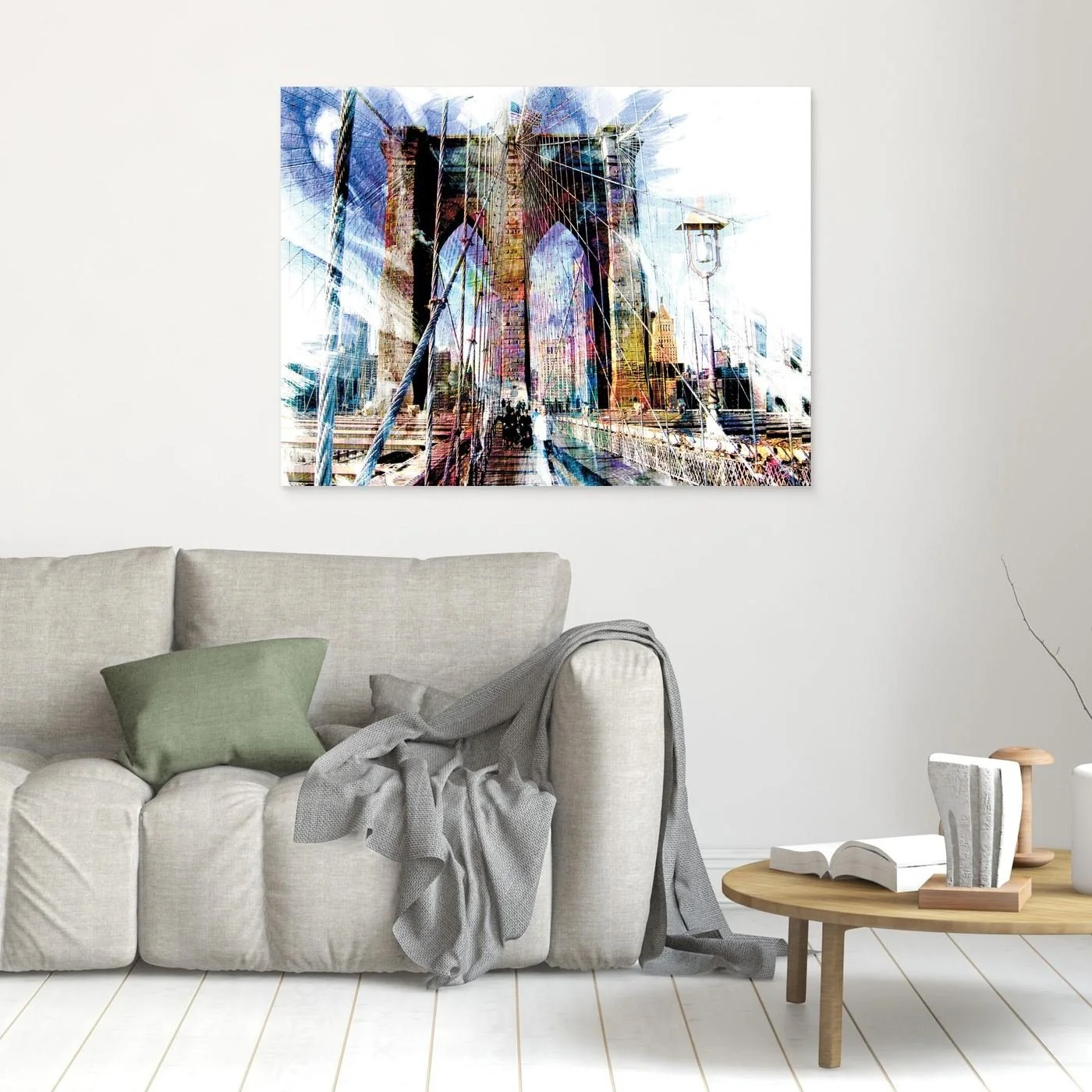 Expressionist fine art print of a dramatic walking perspective of the Brooklyn Bridge with high-contrast architectural line textures and bright highlights, framed and ready to hang. In living room