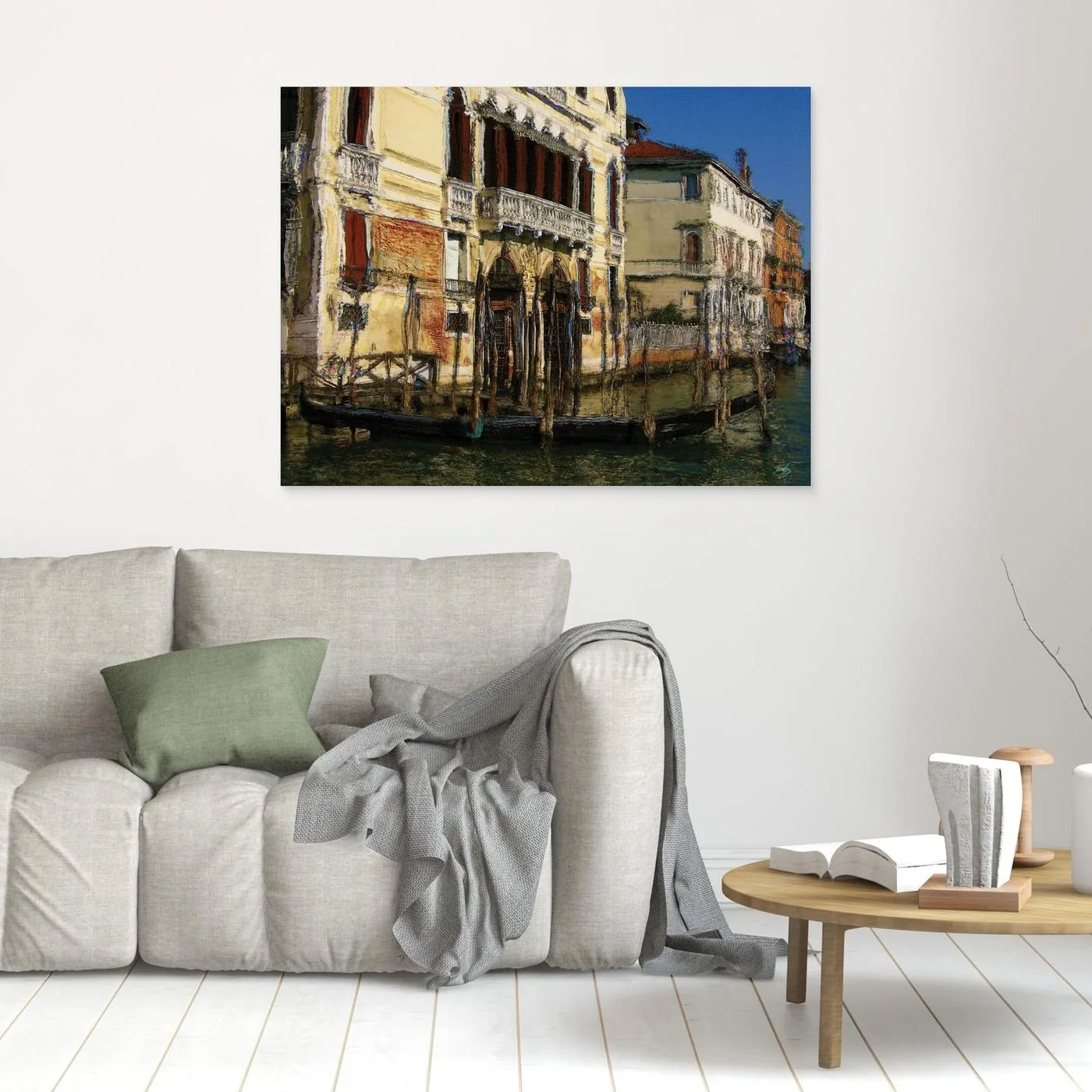 Expressionist fine art print of a historic Venetian palazzo along the Grand Canal with a gondola and textured oil painting brushstrokes, framed and ready to hang. In living room