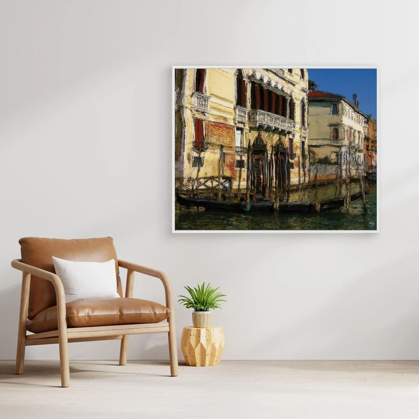 Expressionist fine art print of a historic Venetian palazzo along the Grand Canal with a gondola and textured oil painting brushstrokes, framed and ready to hang. With chair